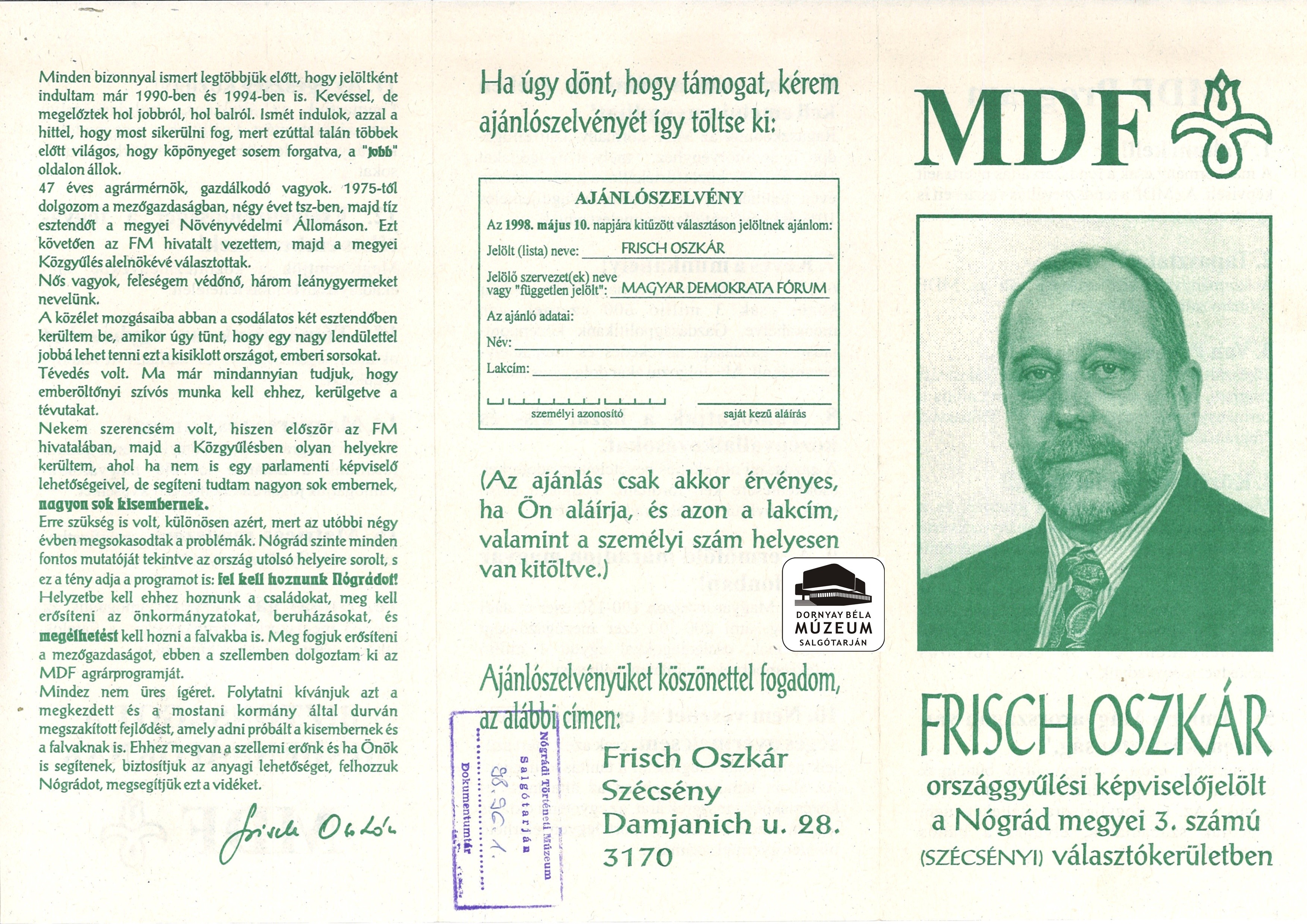 Frisch Oszkár az MDF képviselőjelöltje a 3.sz. (Dornyay Béla Múzeum, Salgótarján CC BY-NC-SA)