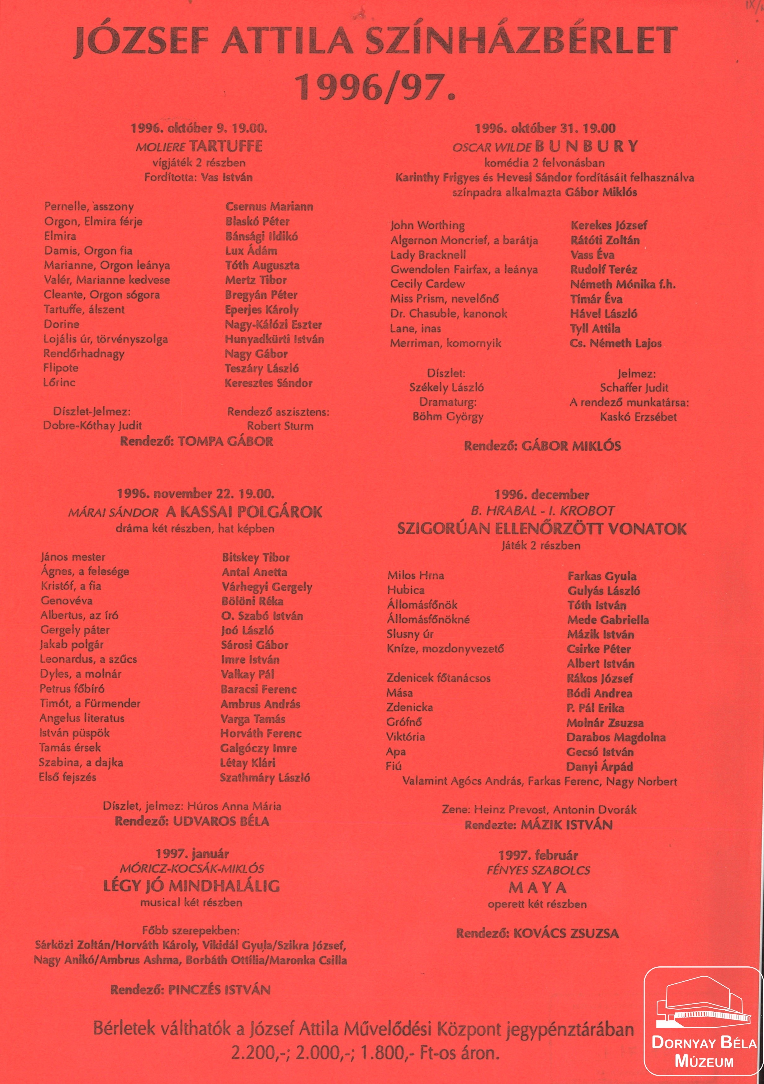 József Attila színházbérlet programja az 1996-97 évadra (Dornyay Béla Múzeum, Salgótarján CC BY-NC-SA)