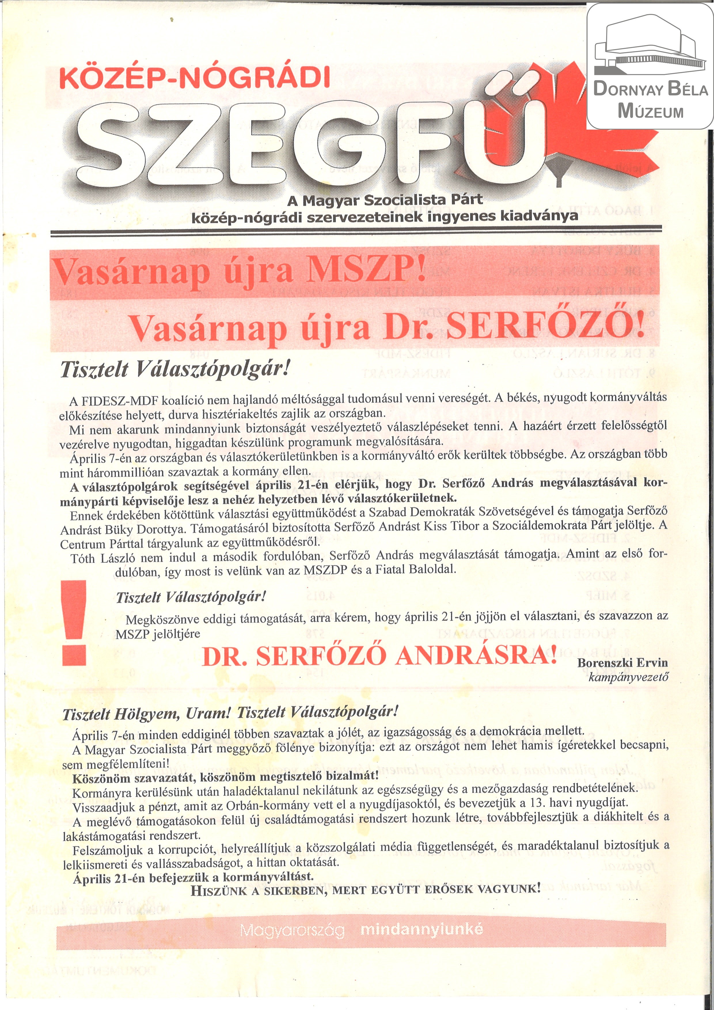 Közép-nógrádi Szekfű. Az MSZP közép-nógrádi szervezeteinek ingyenes kiadványa (Dornyay Béla Múzeum, Salgótarján CC BY-NC-SA)