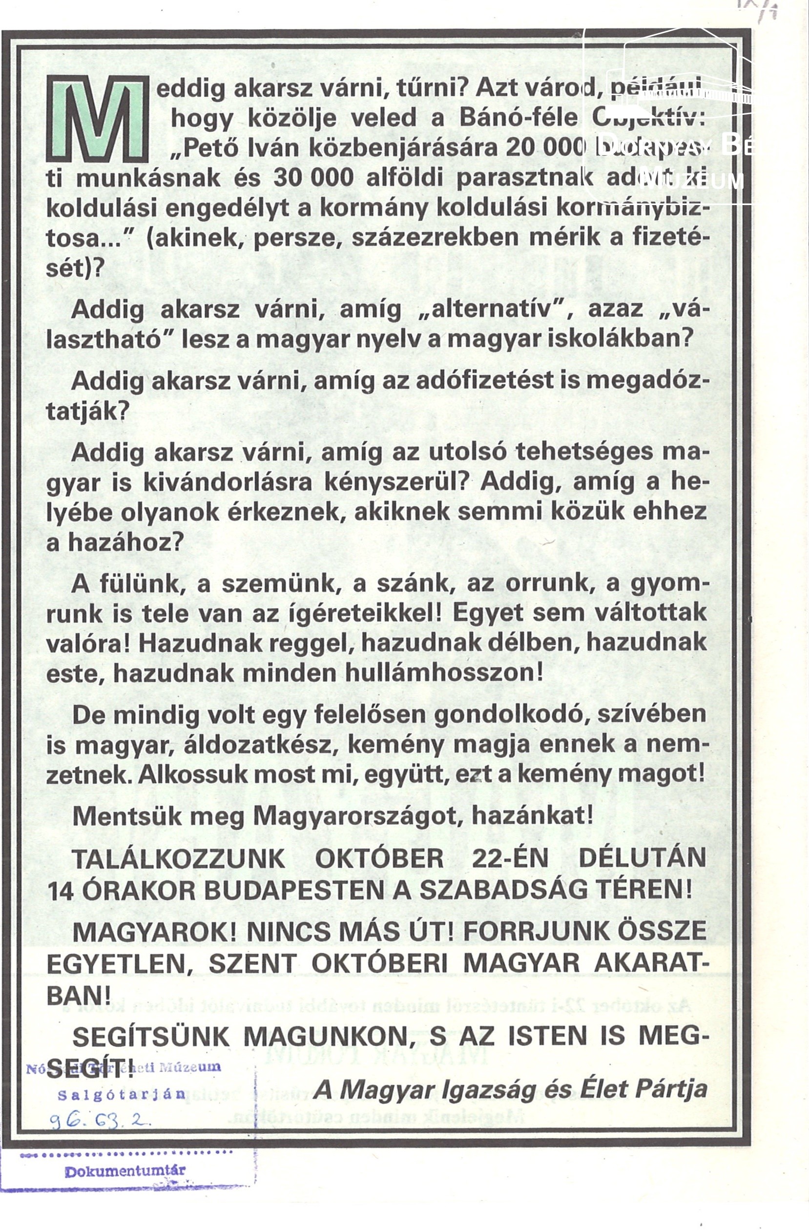 Magyar! Felhívás tüntetésre (MIÉP) (Dornyay Béla Múzeum, Salgótarján CC BY-NC-SA)