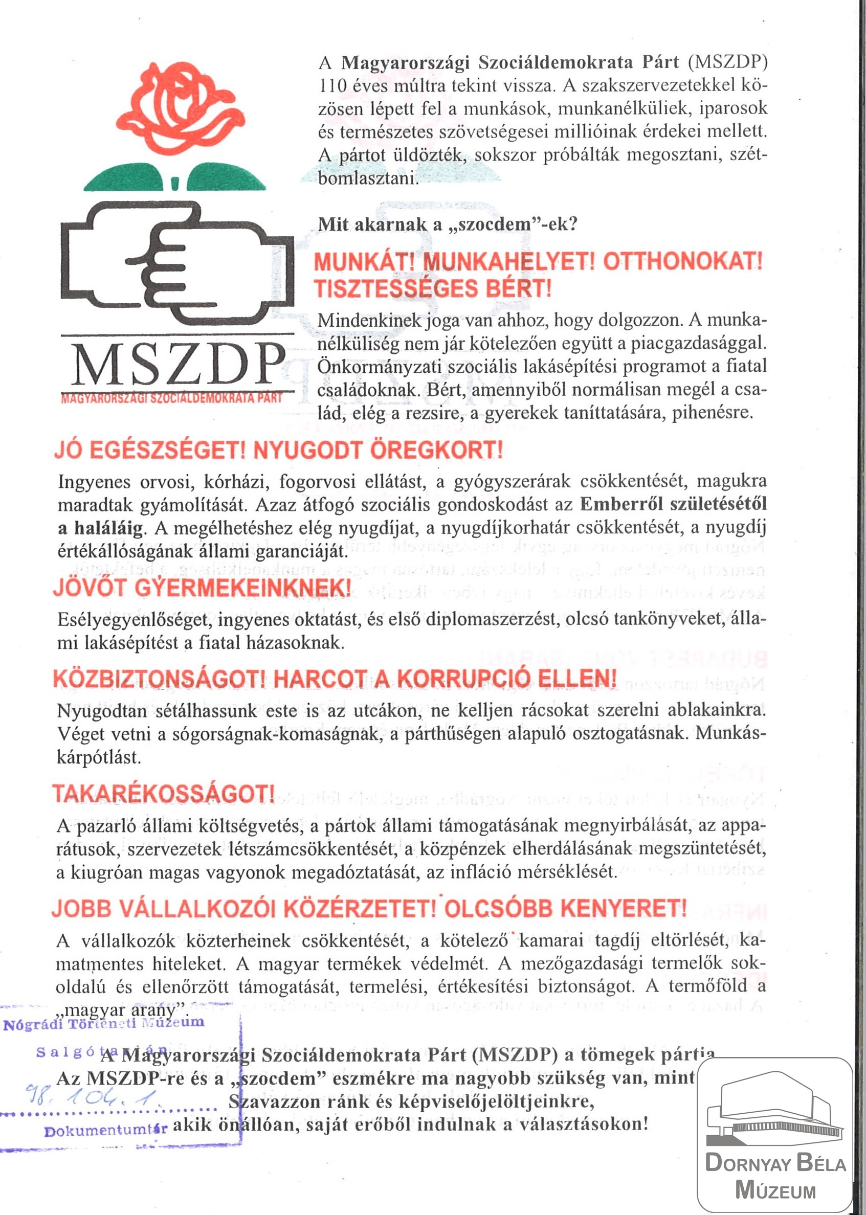 Magyar Szociáldemokrata Párt programjának főbb pontjai (Dornyay Béla Múzeum, Salgótarján CC BY-NC-SA)