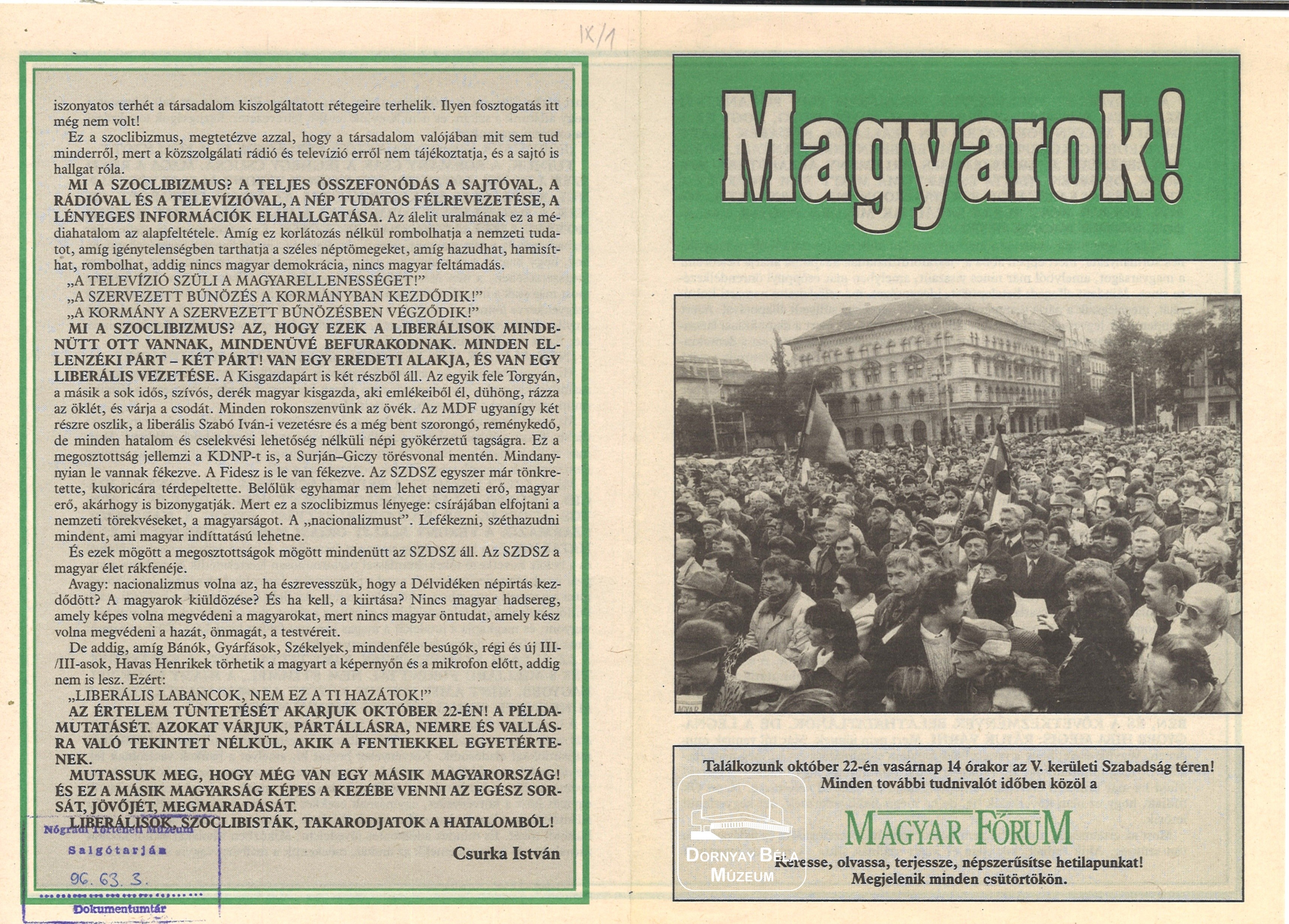 Magyarok! Felhívás tüntetésre és indoklása (MIÉP) (Dornyay Béla Múzeum, Salgótarján CC BY-NC-SA)