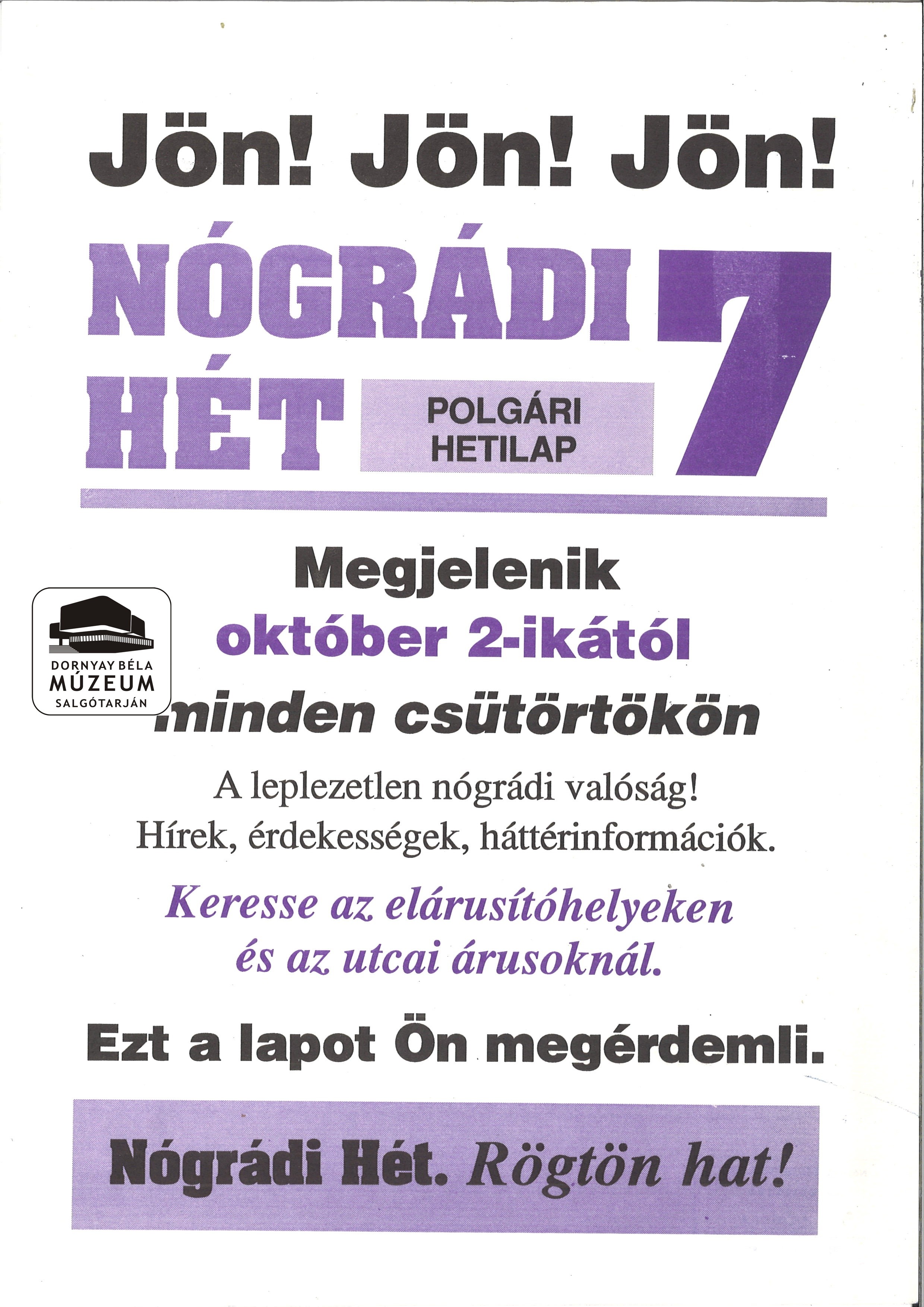 Nógrádi Hét című hetilap megjelenése (Dornyay Béla Múzeum, Salgótarján CC BY-NC-SA)