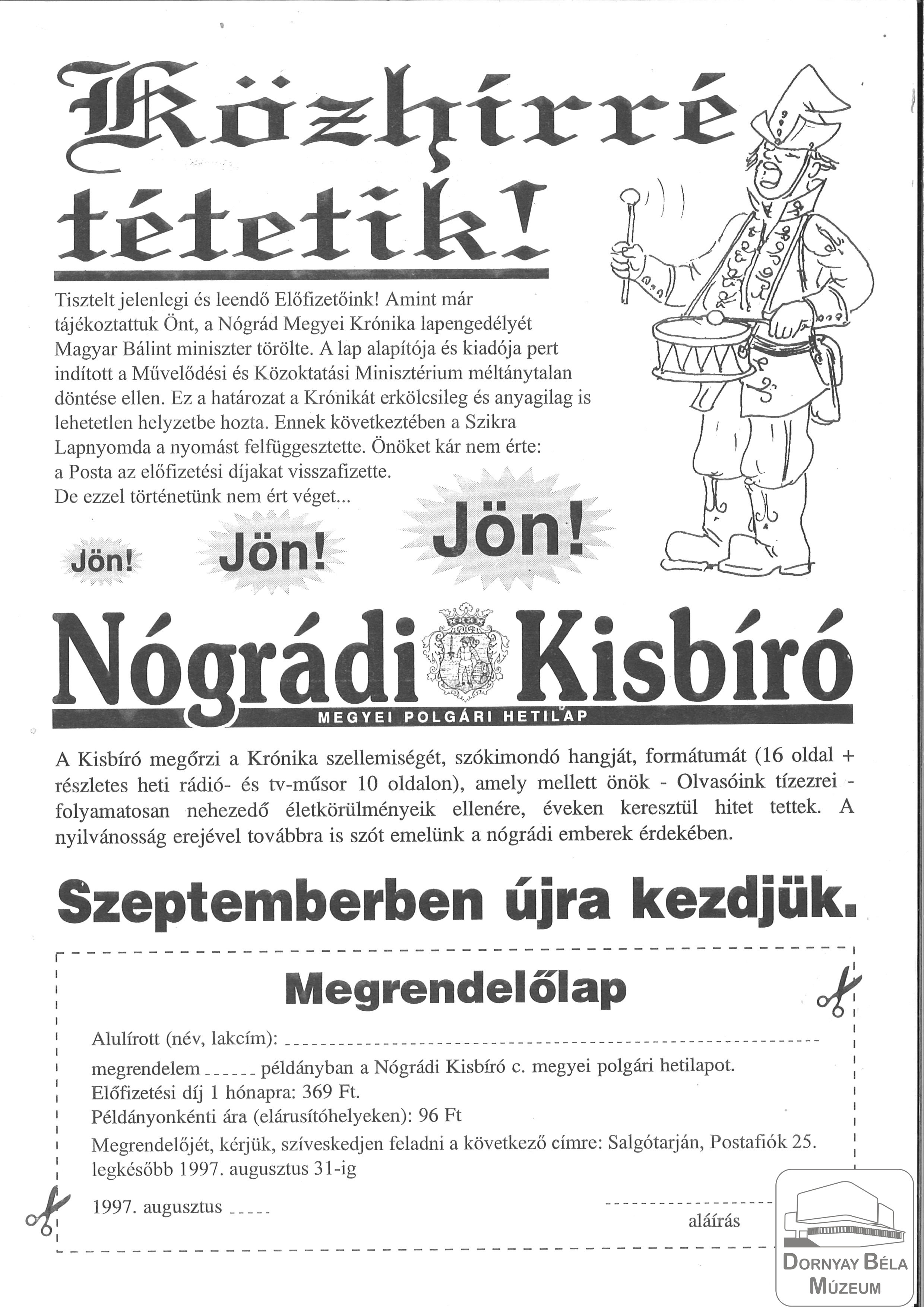 Nógrádi Kisbíró c. hetilap megjelenése (Dornyay Béla Múzeum, Salgótarján CC BY-NC-SA)