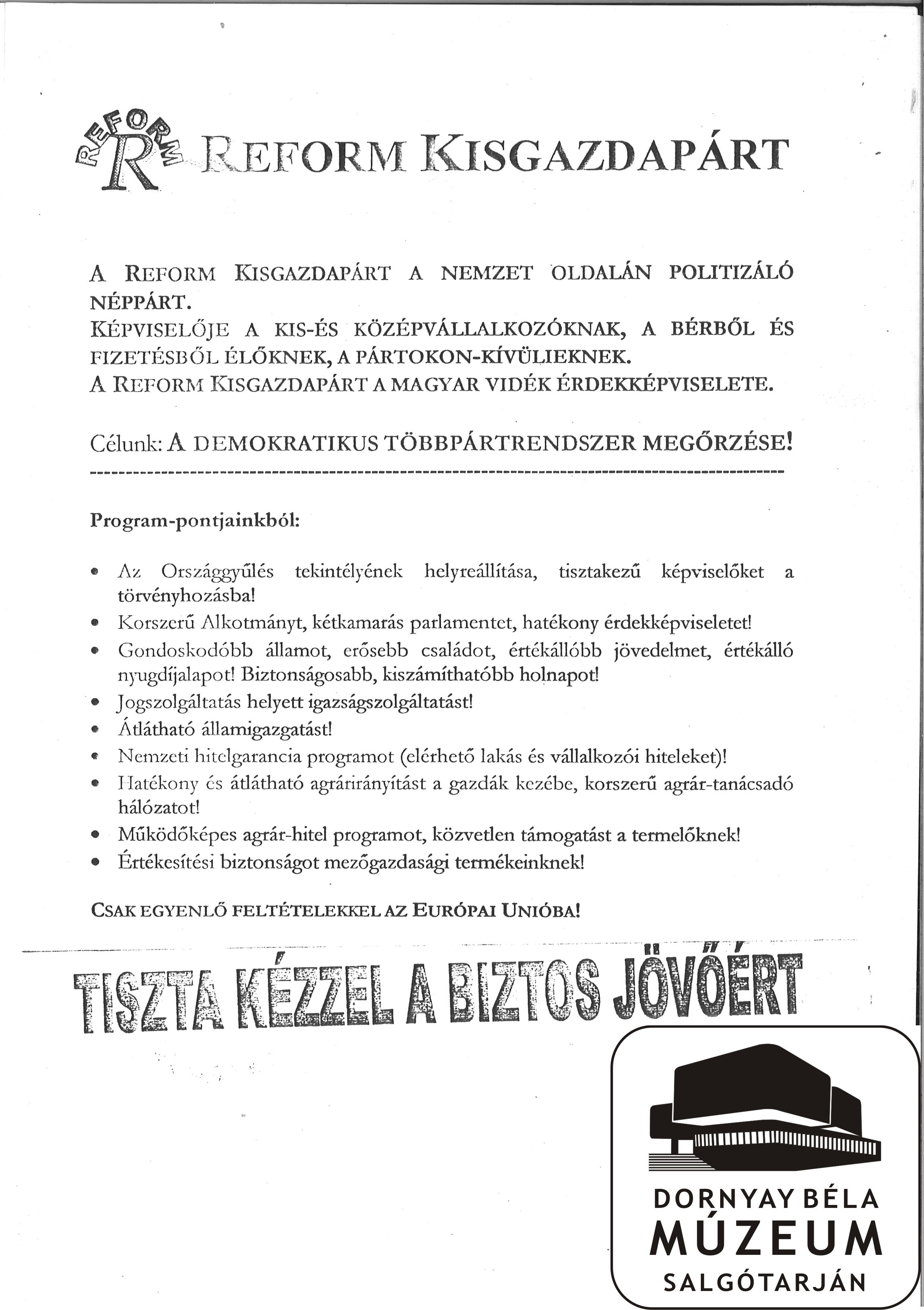 Reform Kisgazda Párt programpontjai (Dornyay Béla Múzeum, Salgótarján CC BY-NC-SA)