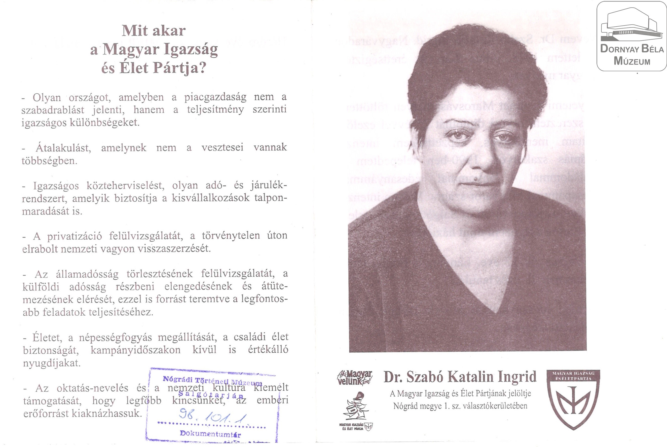 Szabó Katalin Ingrid a MIÉP képviselőjelöltje az 1.sz. Választókerületben (Dornyay Béla Múzeum, Salgótarján CC BY-NC-SA)