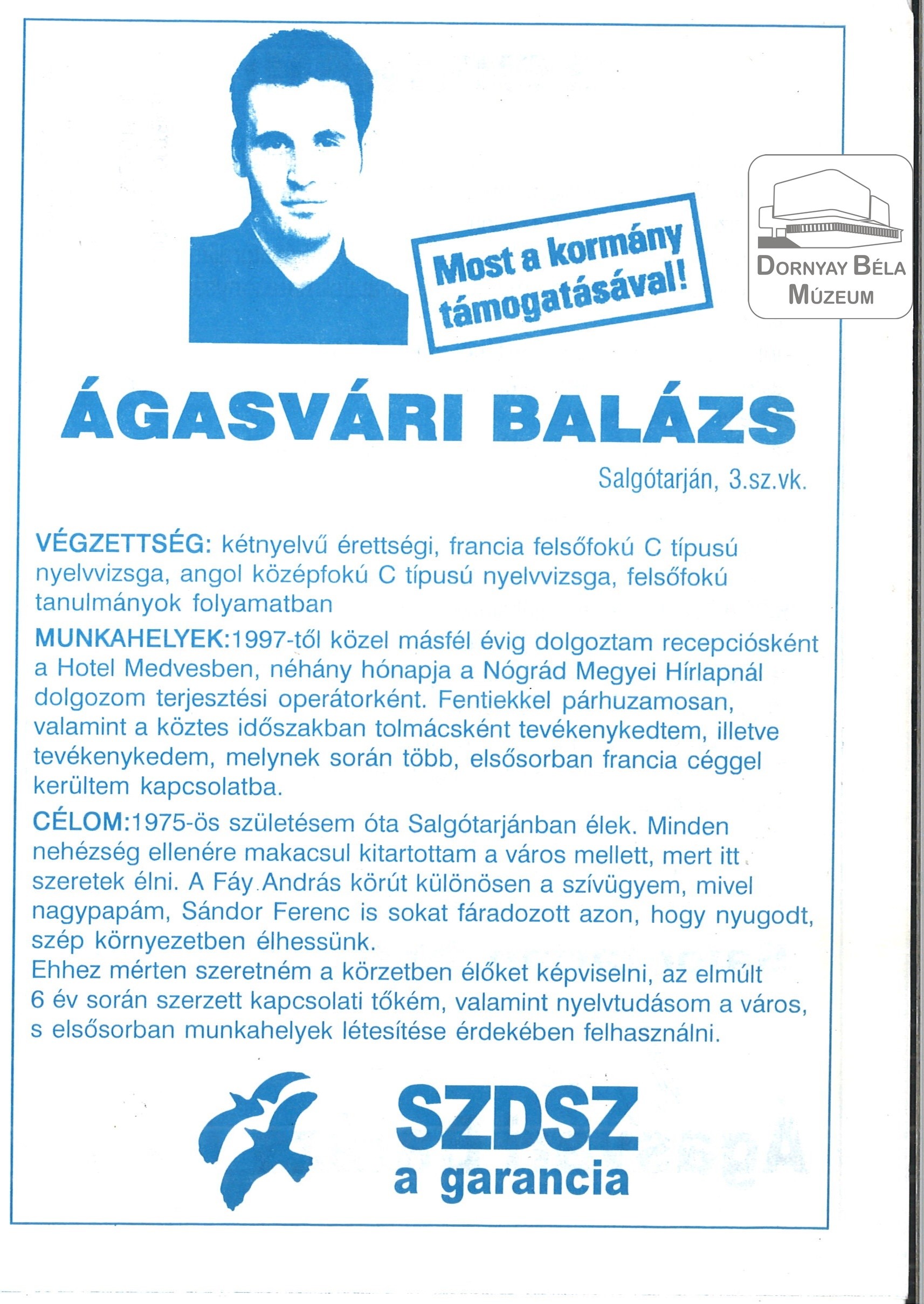 SZDSZ – Ágasvári Balázs választási röplapja (Dornyay Béla Múzeum, Salgótarján CC BY-NC-SA)
