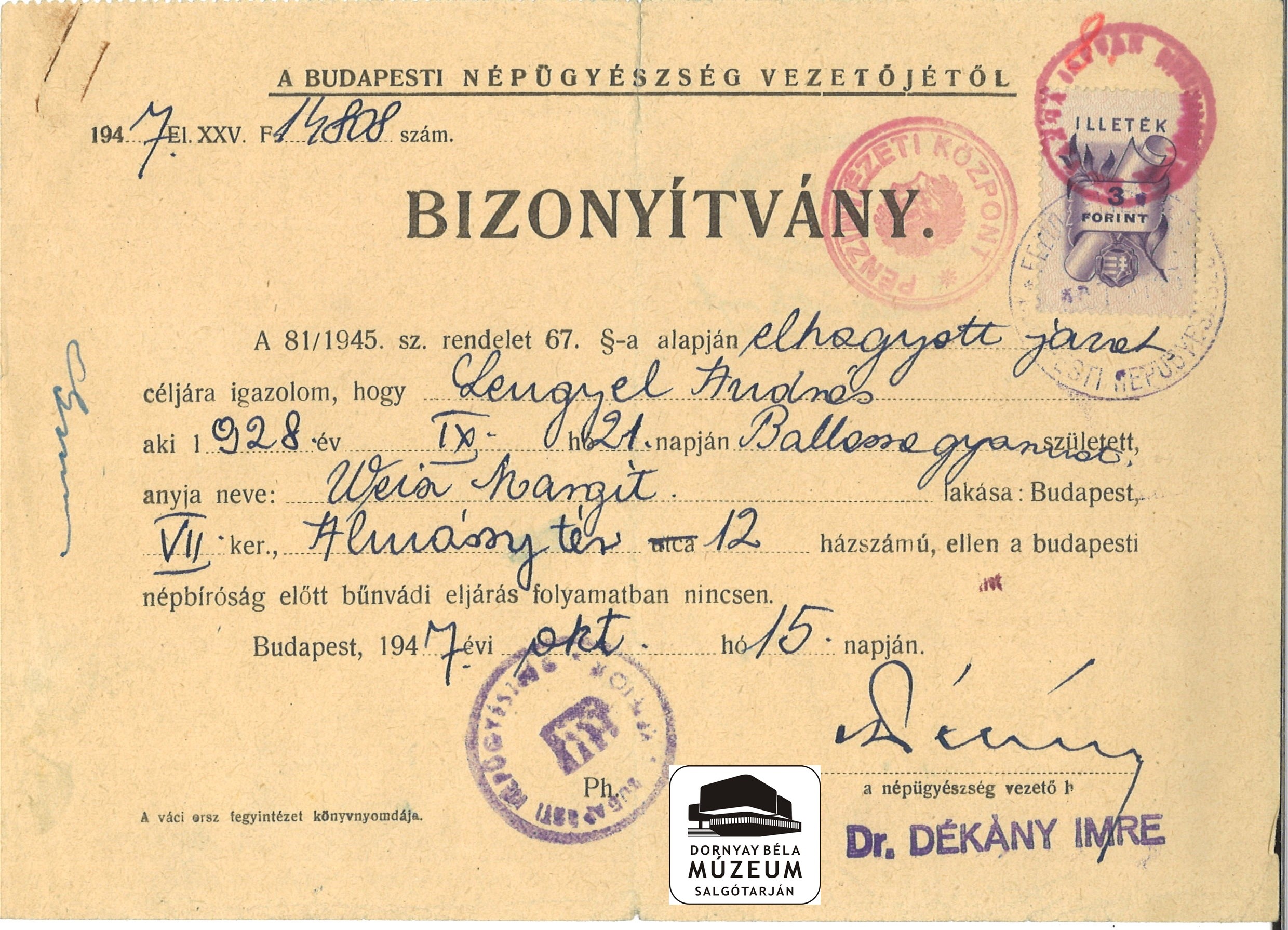 A budapesti Népügyészség bizonyítványa Lengyel András névre (Dornyay Béla Múzeum, Salgótarján CC BY-NC-SA)
