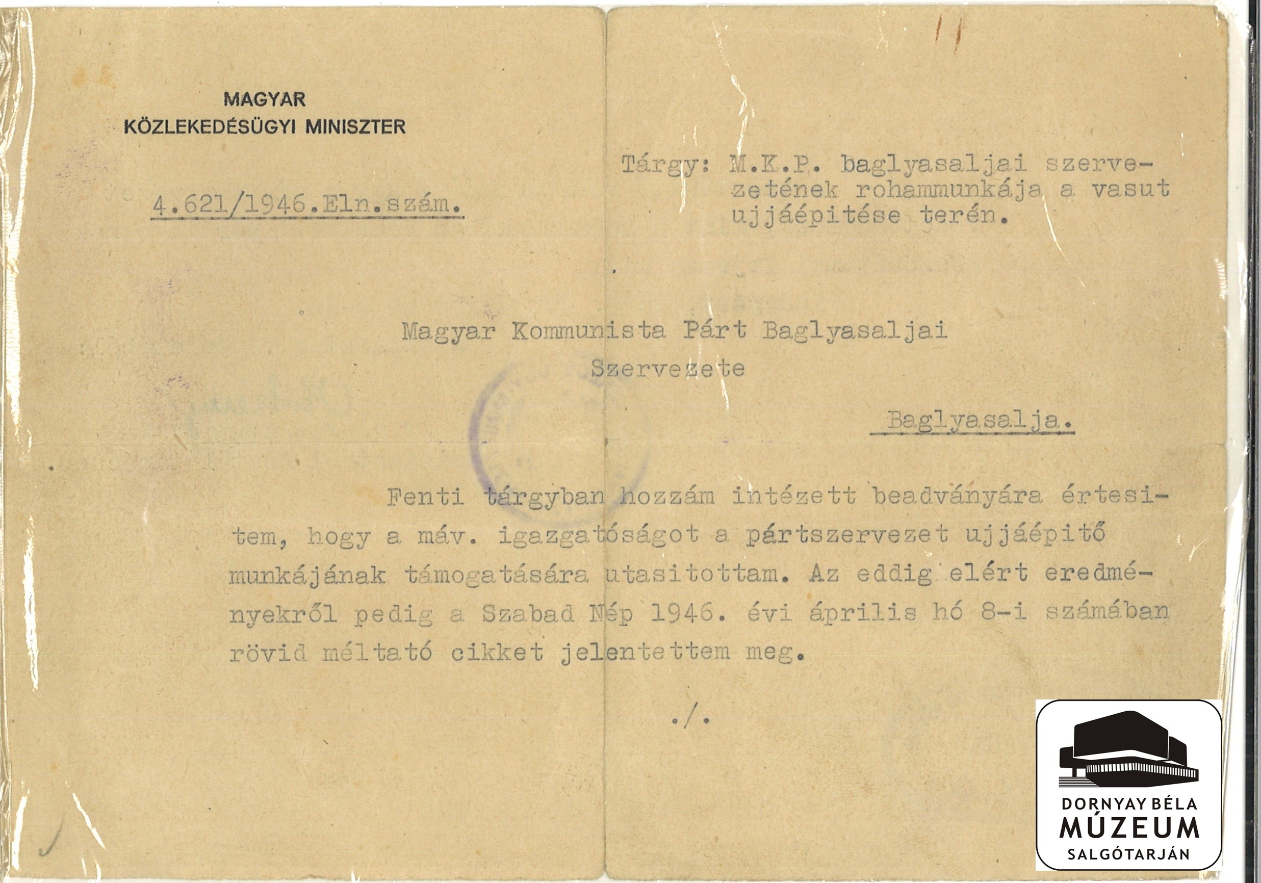 A Közlekedésügyi Minisztérium levele az M.K.P. baglyasaljai szervezetének, melyben a vasútépítő munkáért köszönetet mondanak (Dornyay Béla Múzeum, Salgótarján CC BY-NC-SA)