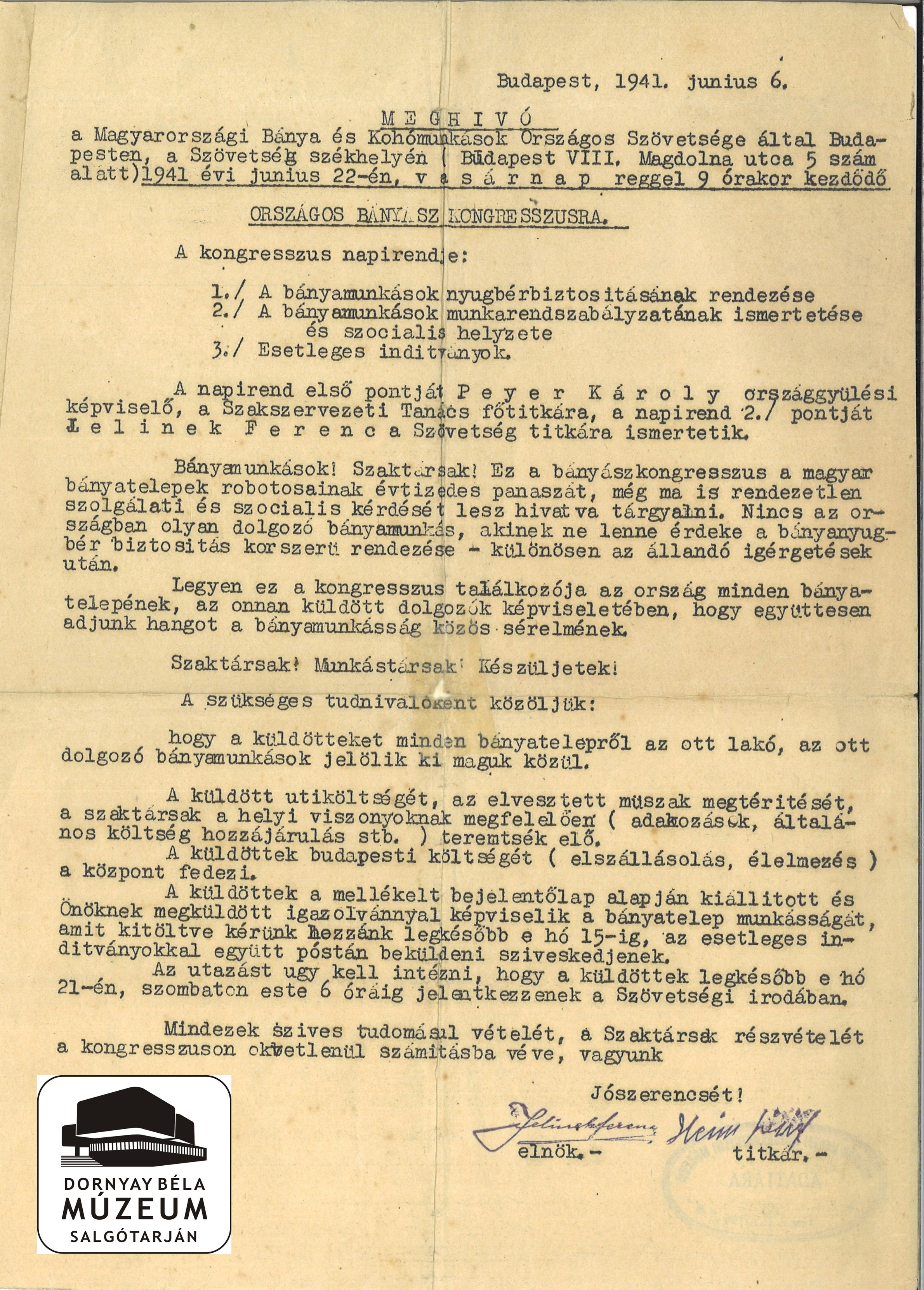 A Magyarországi Bánya és - Kohómunkások Országos Szövetsége, Bp meghívó 1941.VI.22-i országos bányászkongresszusra (Dornyay Béla Múzeum, Salgótarján CC BY-NC-SA)