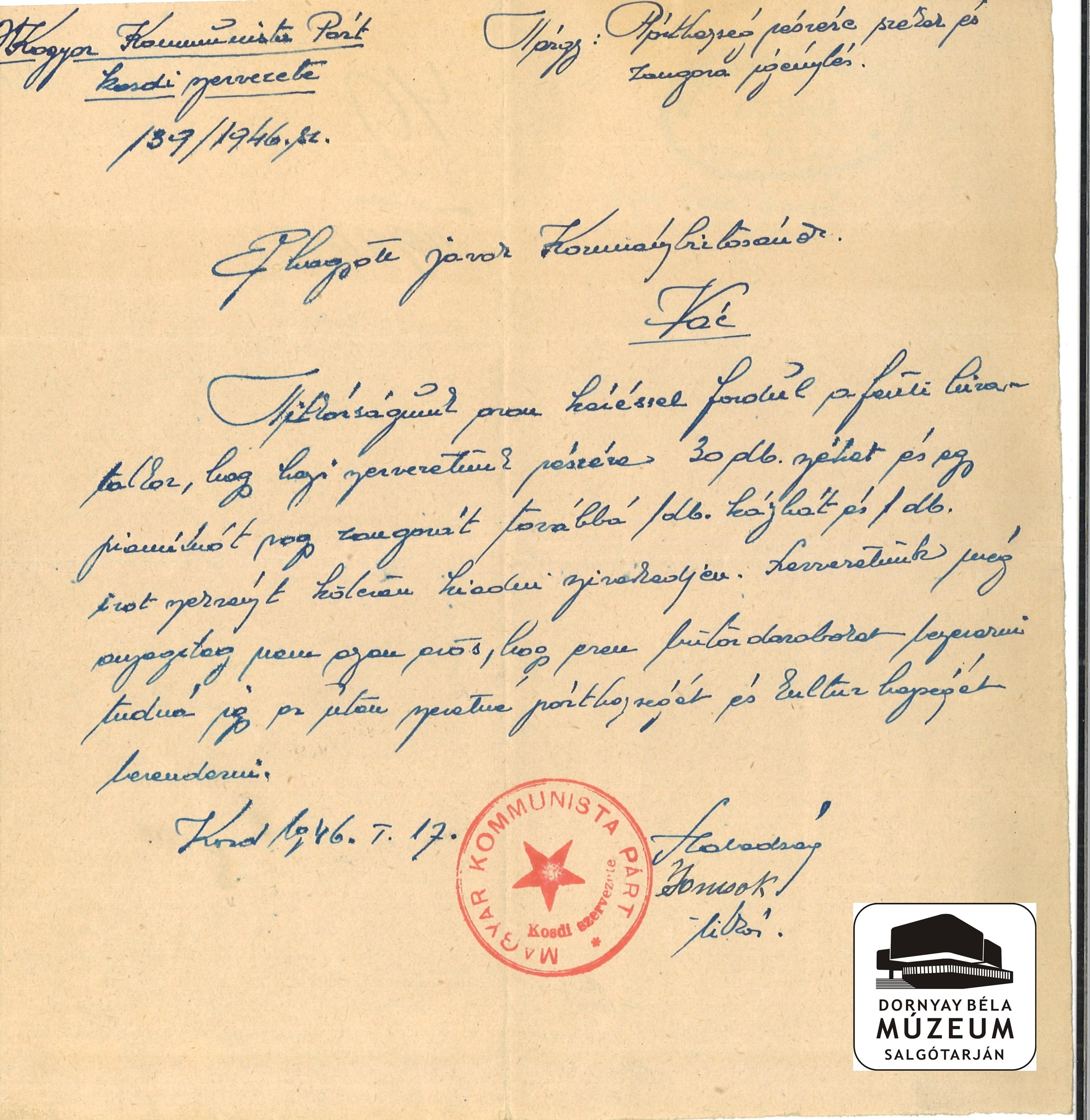 Az MKP. Kosdi szervezete kézzel írott levele (Dornyay Béla Múzeum, Salgótarján CC BY-NC-SA)