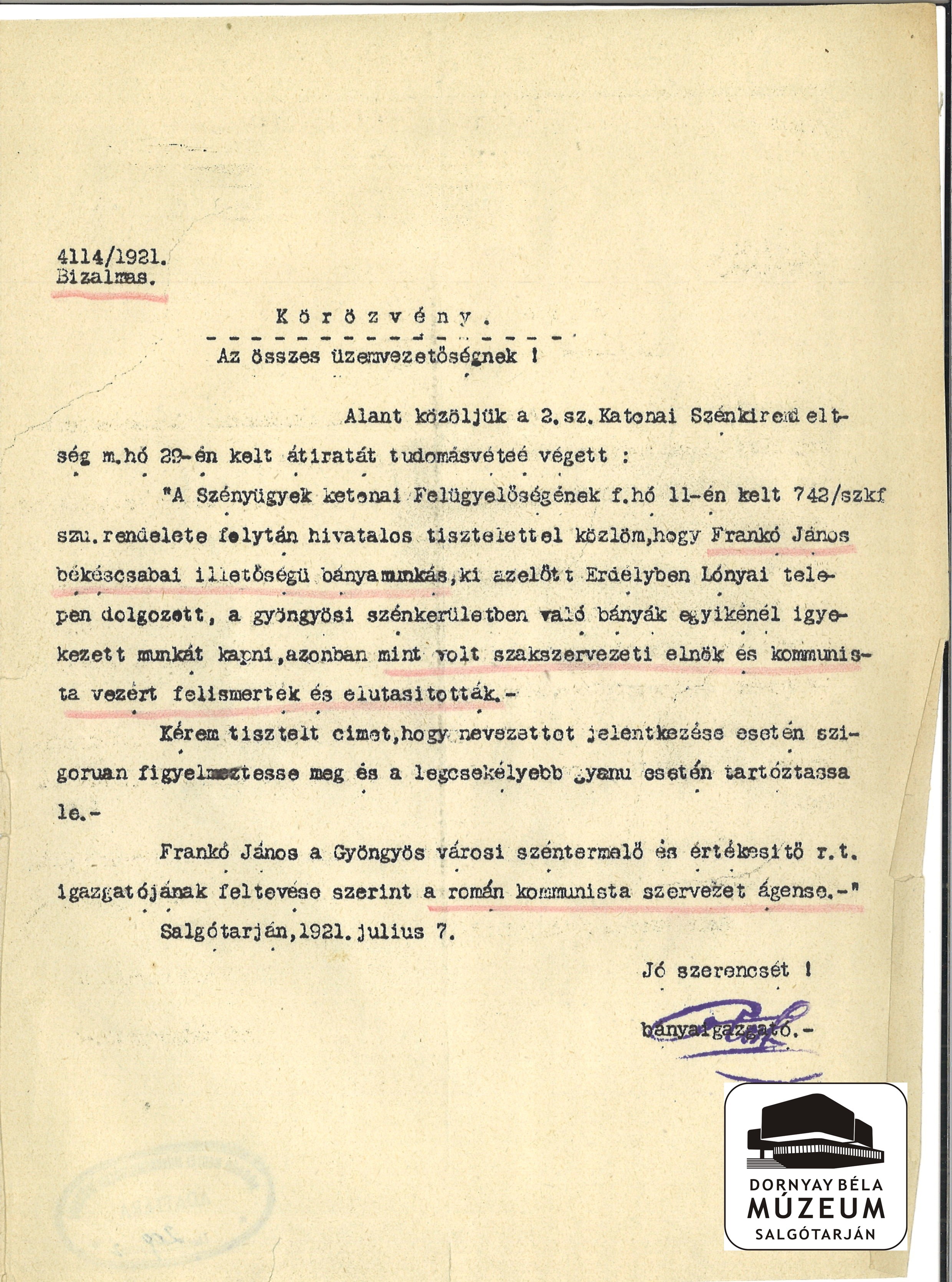 Az S.K.B. Rt. Körözvényt adott ki Frankó János bányamunkás letartóztatására (Dornyay Béla Múzeum, Salgótarján CC BY-NC-SA)