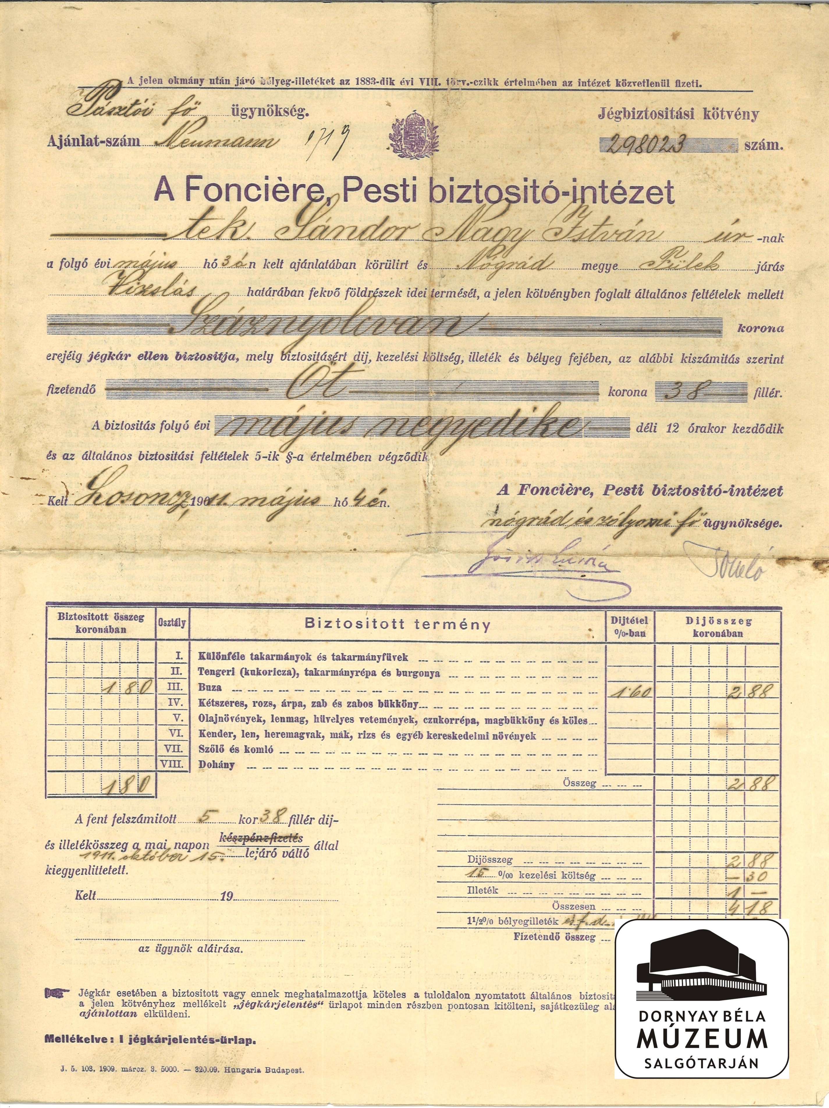 Biztosítási kötvény (Dornyay Béla Múzeum, Salgótarján CC BY-NC-SA)