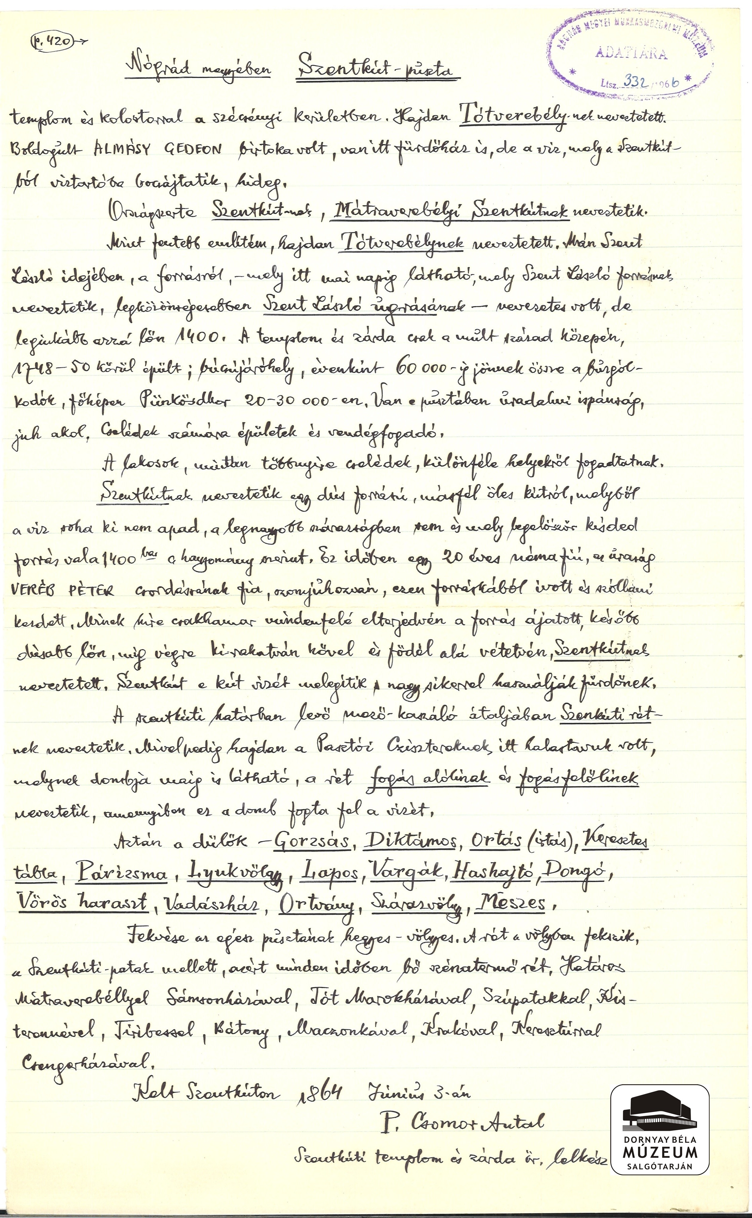Dr. Dornyay Béla kézirat másolata a Pesty-féle gyűjtésből, Mátraverebély, Szentkút (Dornyay Béla Múzeum, Salgótarján CC BY-NC-SA)