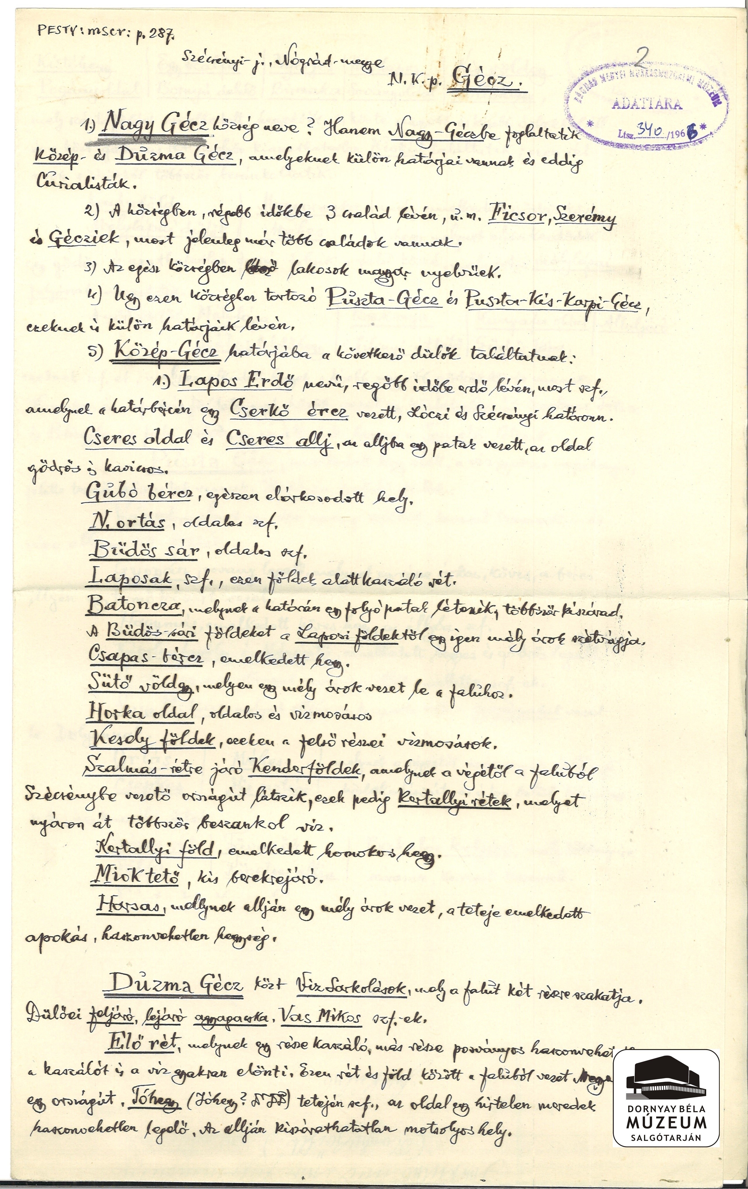 Dr. Dornyay Béla kézirat másolata a Pesty-féle gyűjtésből, Nagygéc (Dornyay Béla Múzeum, Salgótarján CC BY-NC-SA)