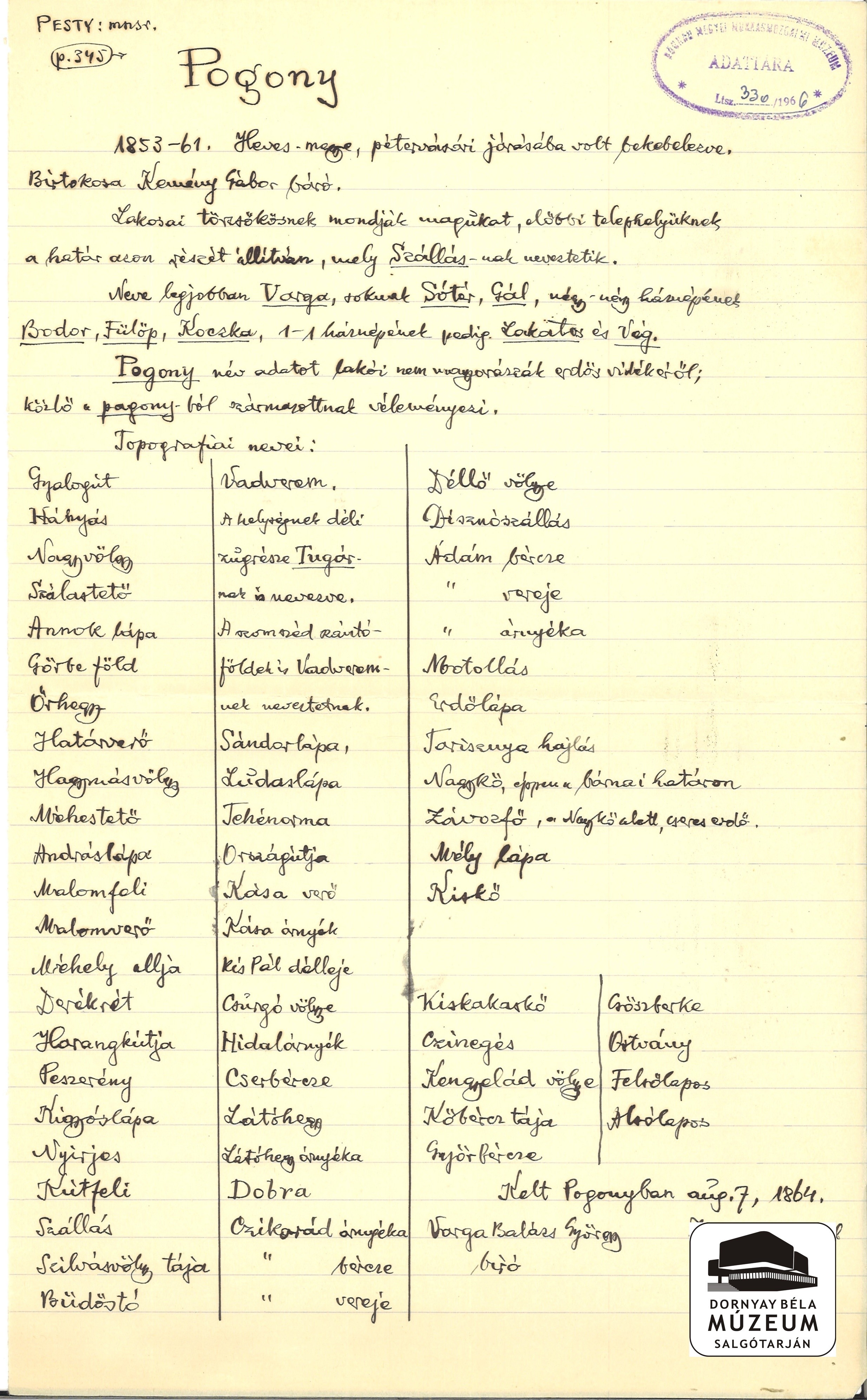Dr. Dornyay Béla kézirat másolata a Pesty-féle gyűjtésből, Pogony (Dornyay Béla Múzeum, Salgótarján CC BY-NC-SA)