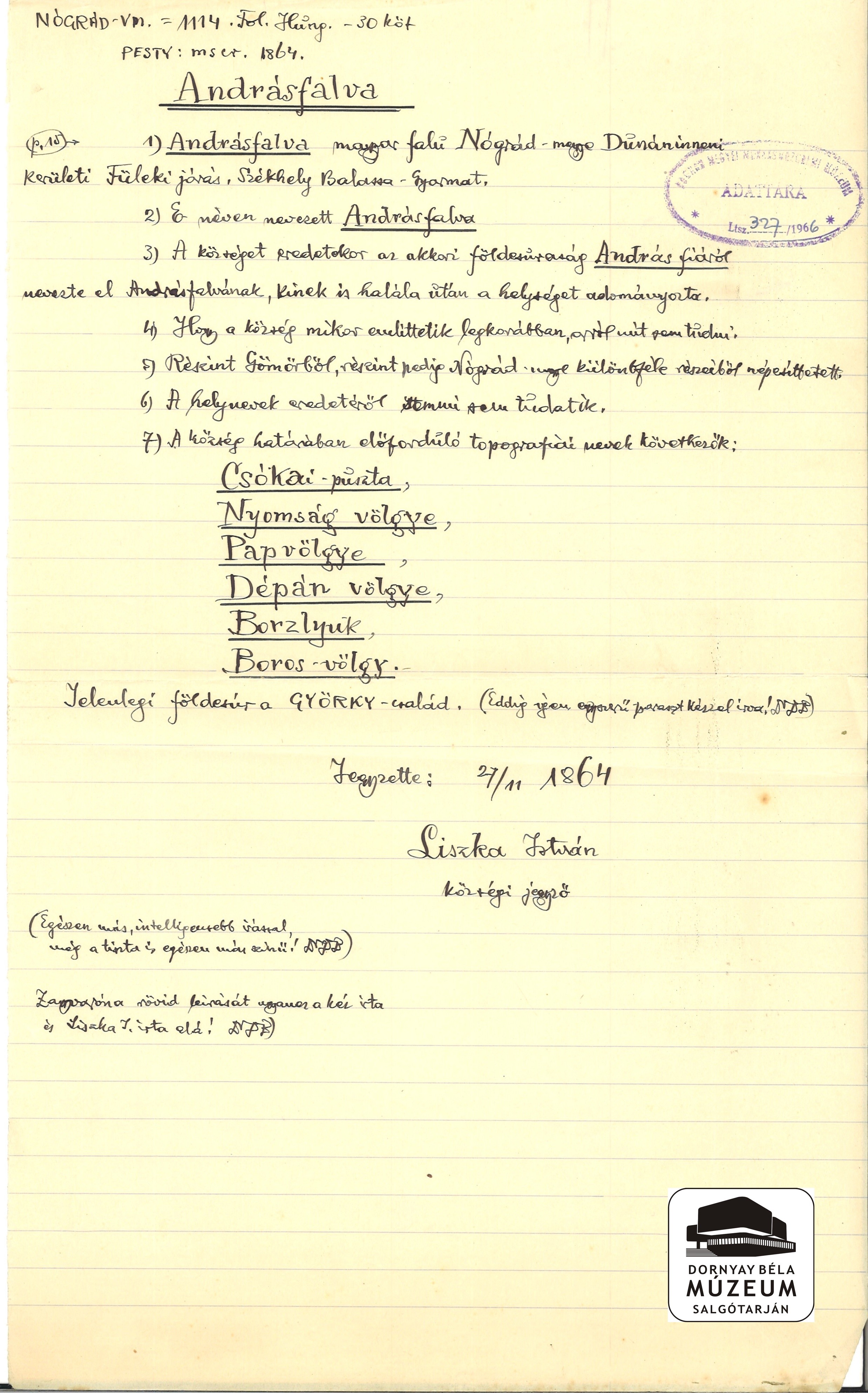 Dr. Dornyay Béla kézirat másolata a Pesty-féle gyűjtésből,Andrásfalva (Dornyay Béla Múzeum, Salgótarján CC BY-NC-SA)