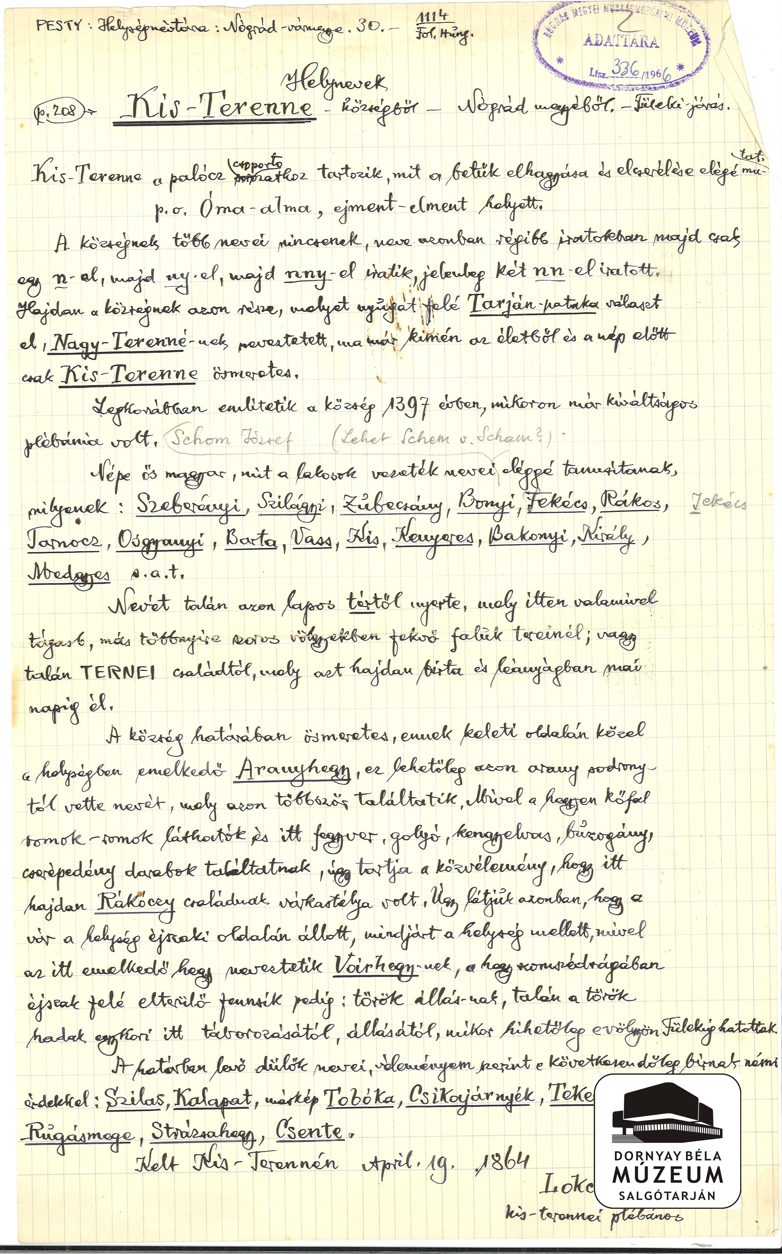 Dr. Dornyay Béla kézirat másolata a Pesty-féle gyűjtésből,Kisterenye (Dornyay Béla Múzeum, Salgótarján CC BY-NC-SA)