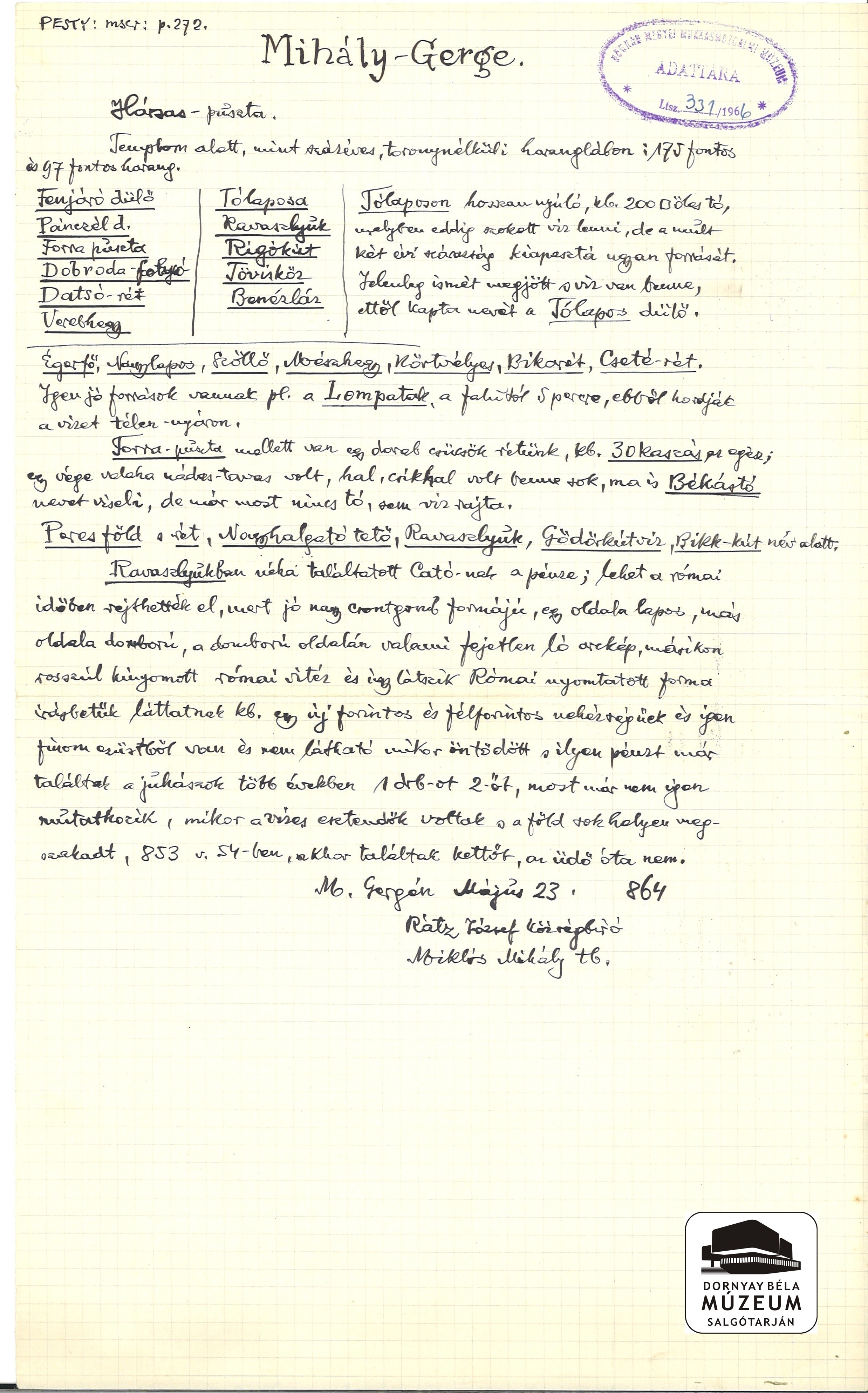 Dr. Dornyay Béla kézirat másolata a Pesty-féle gyűjtésből,Mihálygerge (Dornyay Béla Múzeum, Salgótarján CC BY-NC-SA)