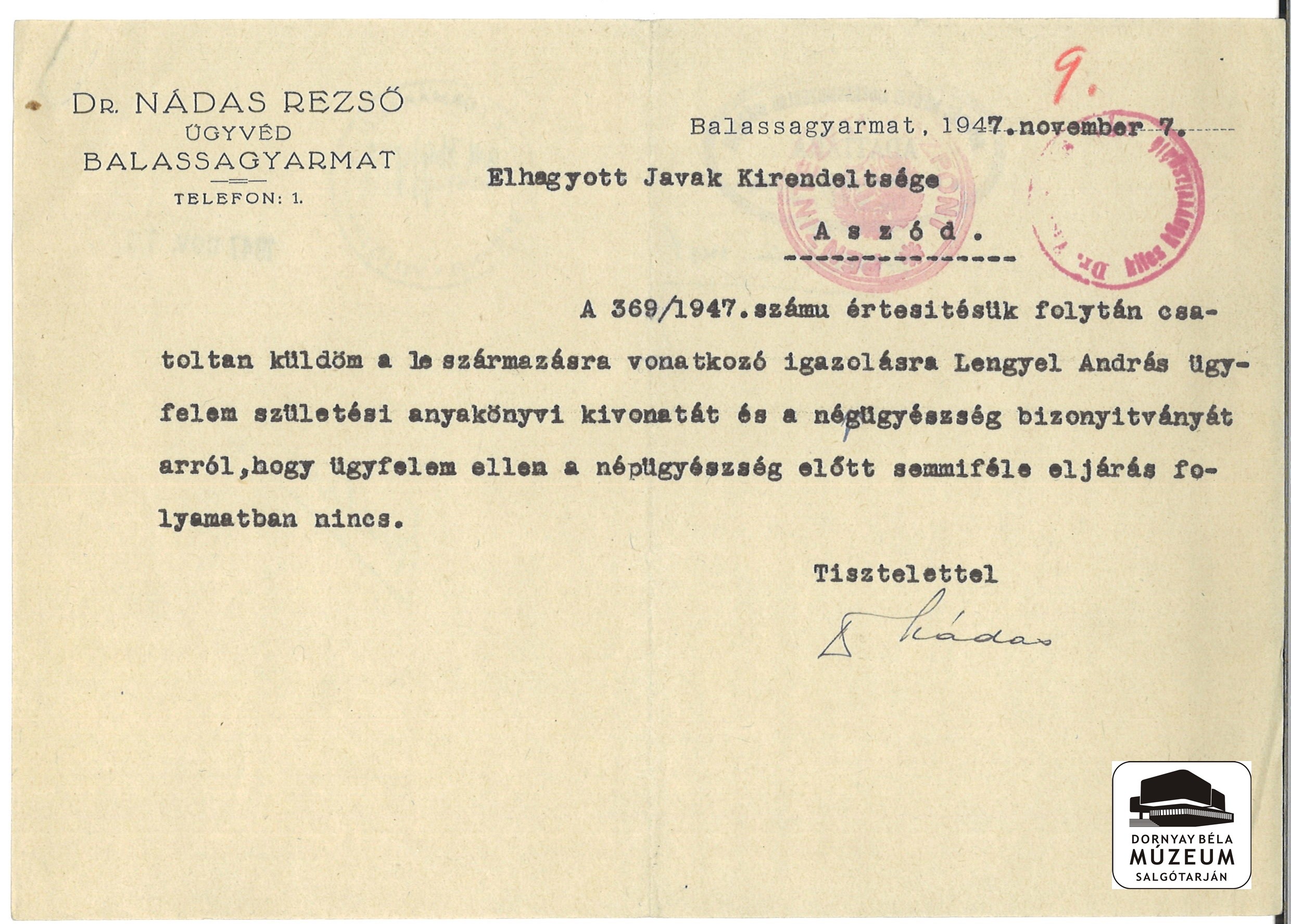 Dr. Nádas Rezső ügyvéd Bgyarmat, levele az Elh. Javak Kirendeltségéhez (Dornyay Béla Múzeum, Salgótarján CC BY-NC-SA)