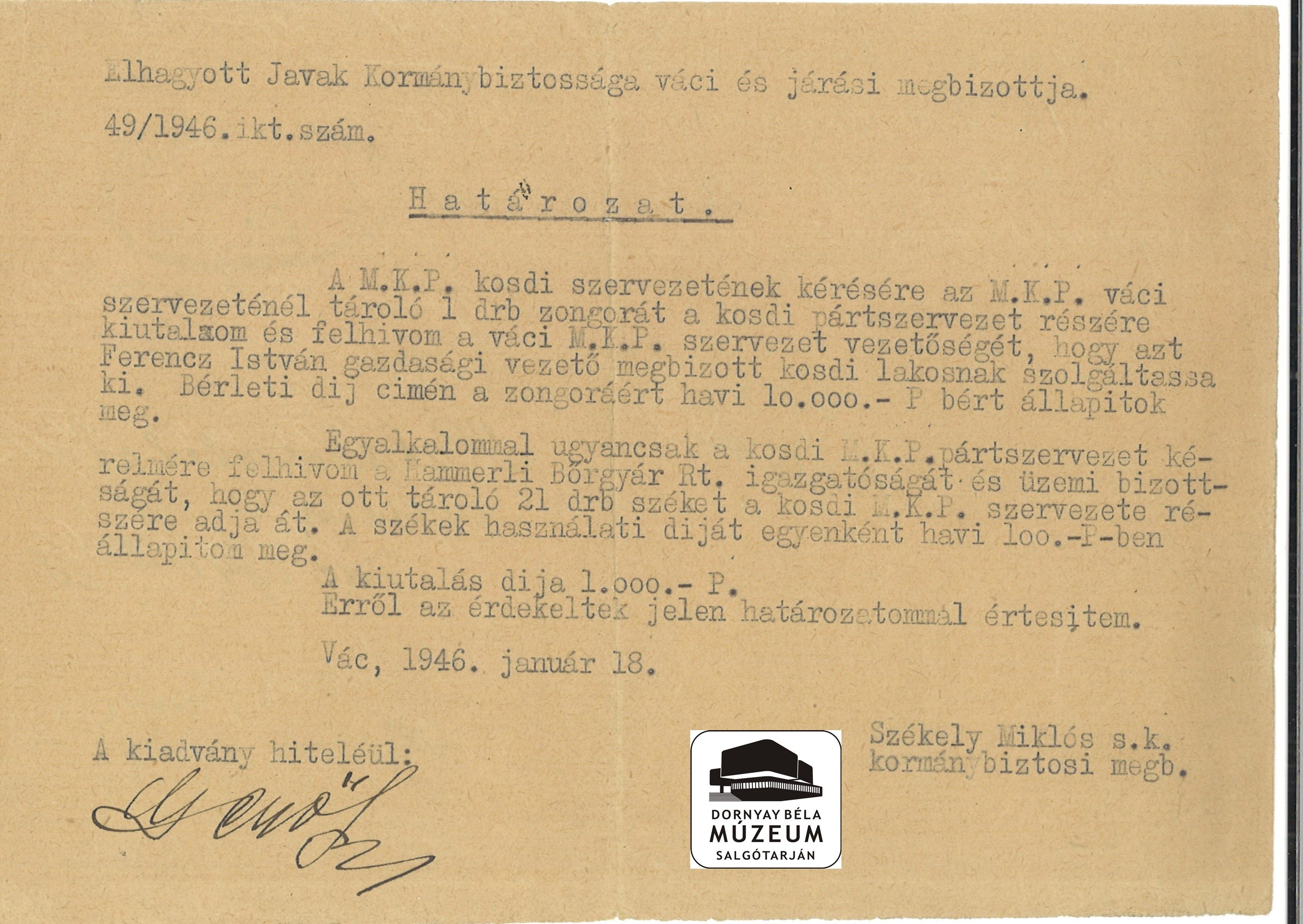Elhagyott Javak Kormánybizottságának határozata (Dornyay Béla Múzeum, Salgótarján CC BY-NC-SA)