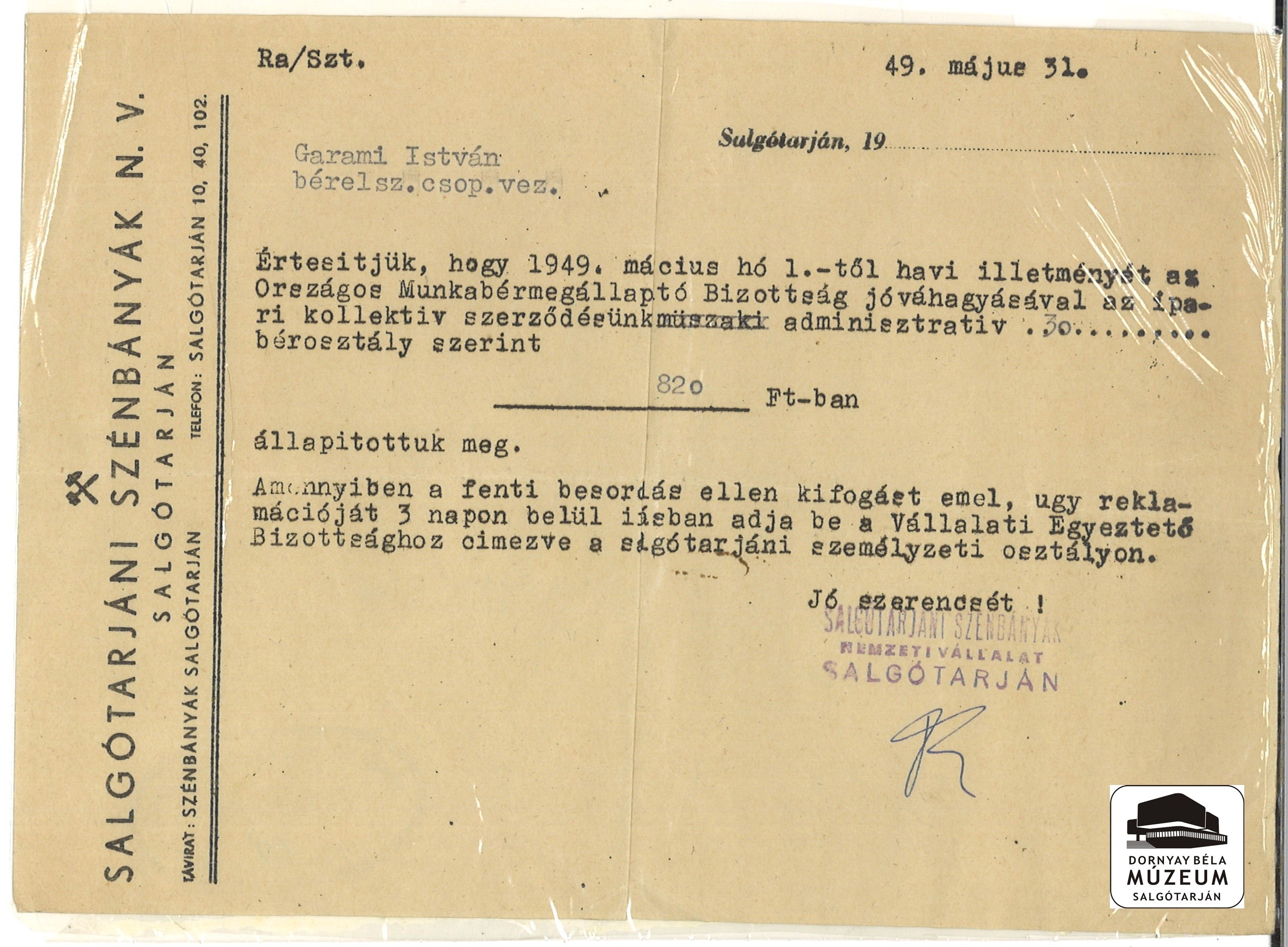 Garami István fizetési besorolása (Dornyay Béla Múzeum, Salgótarján CC BY-NC-SA)