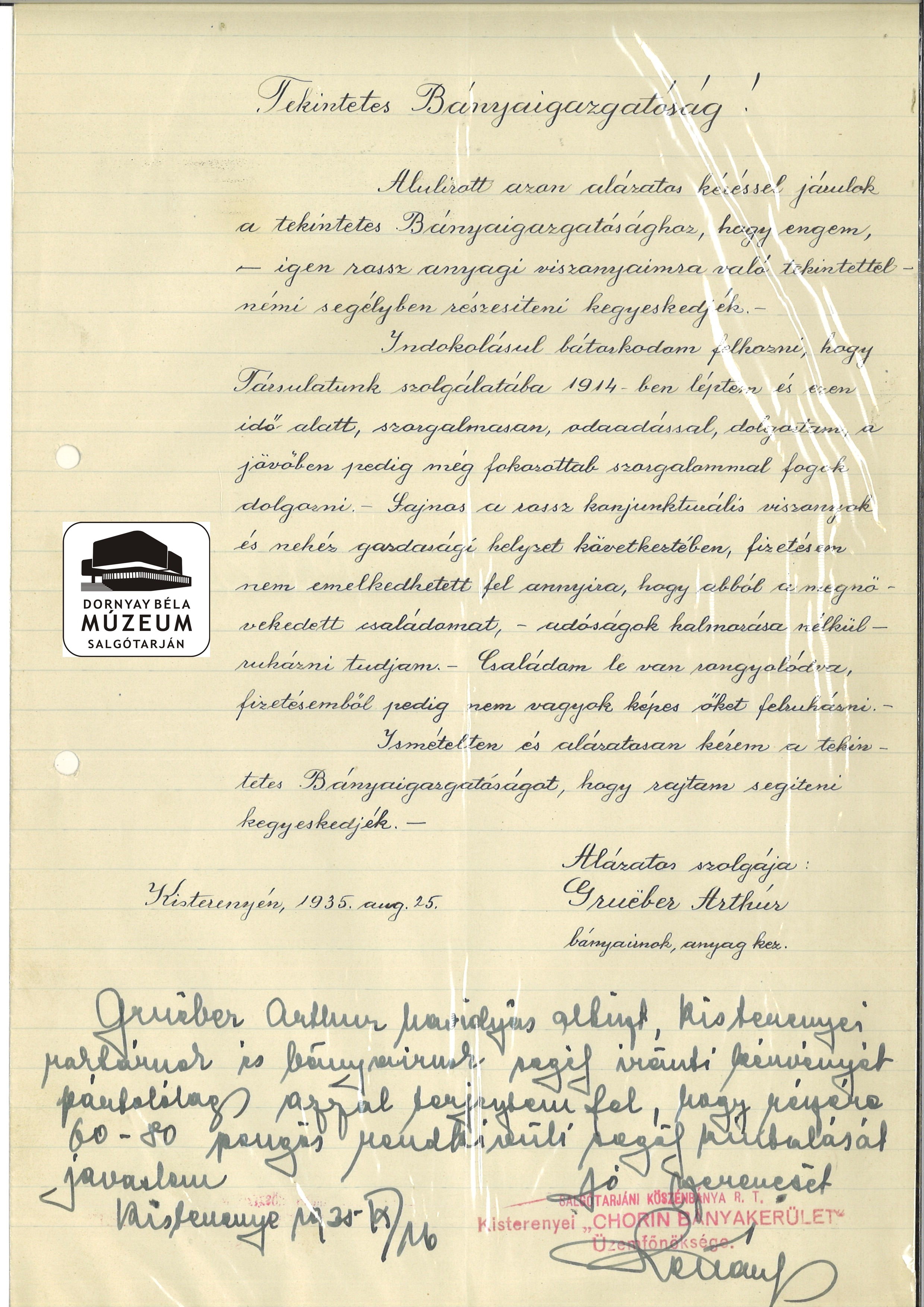 Grueber Artur bányaírnok segély kér az S.K.B. Rt. Igazgatójától (Dornyay Béla Múzeum, Salgótarján CC BY-NC-SA)