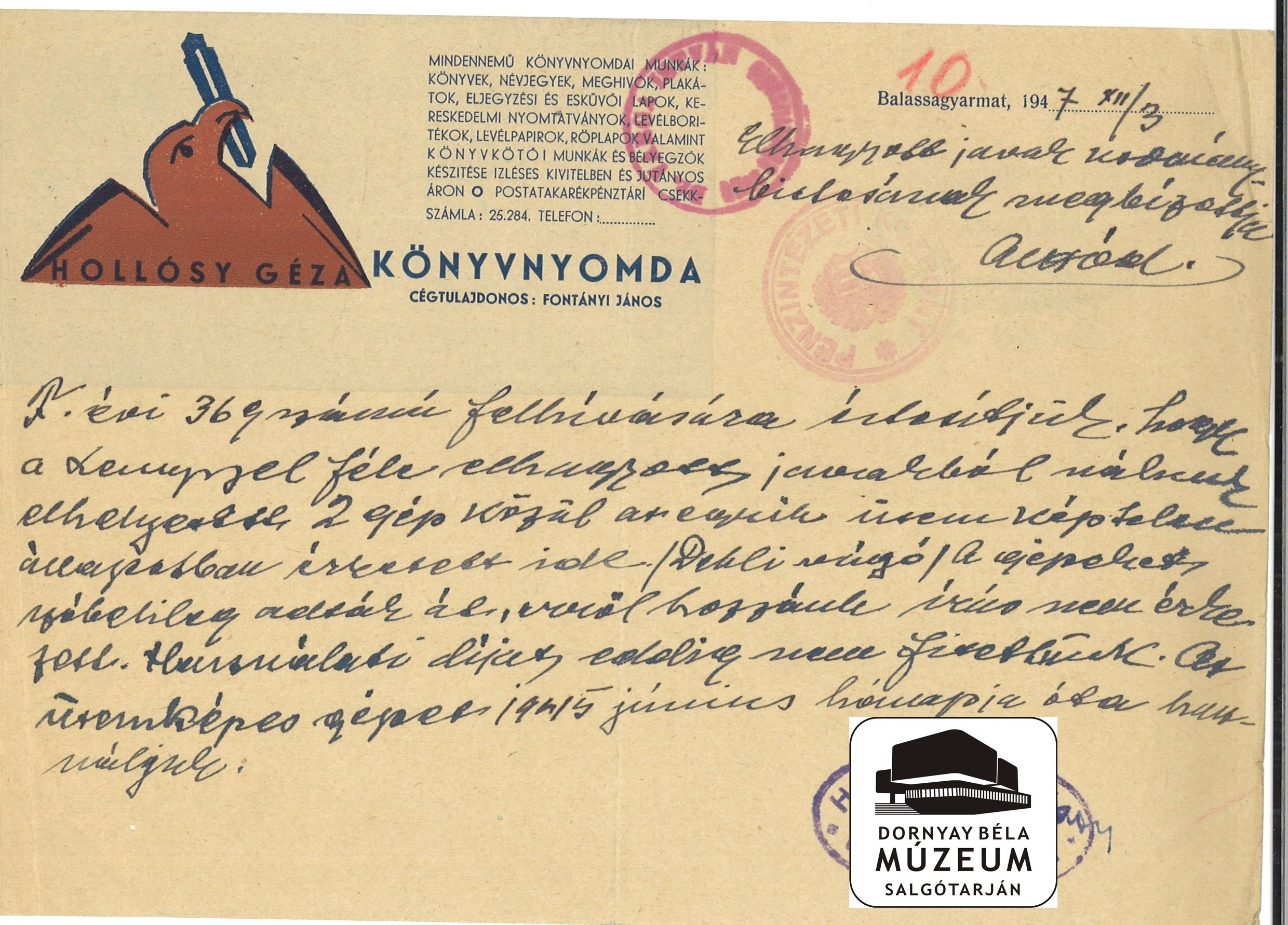 Hollósy Géza Balassagyarmati Könyvnyomda levele (Dornyay Béla Múzeum, Salgótarján CC BY-NC-SA)