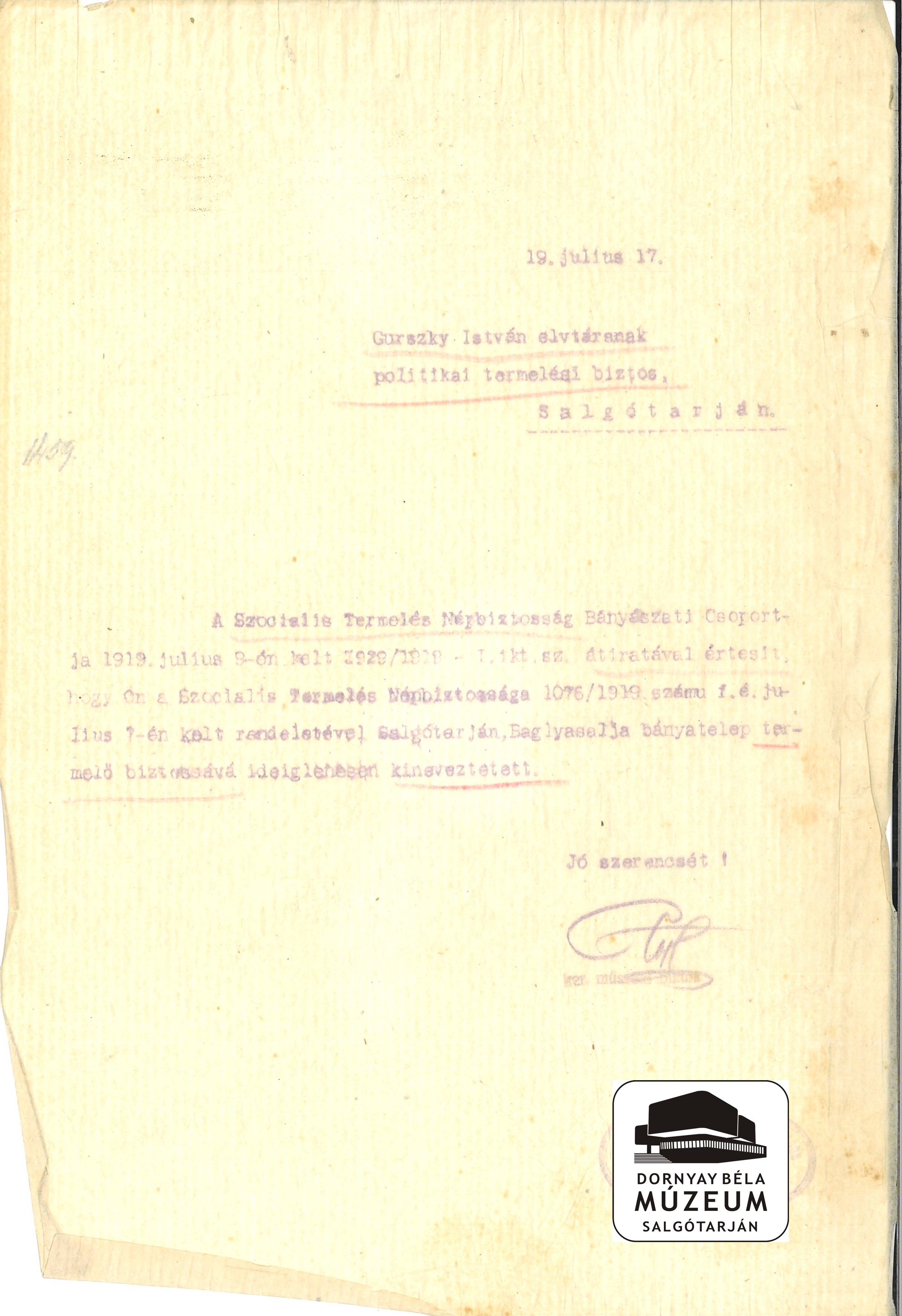 …… István kinevezése Salgótarjáni, Baglyasaljai termelőbiztosnak (Dornyay Béla Múzeum, Salgótarján CC BY-NC-SA)