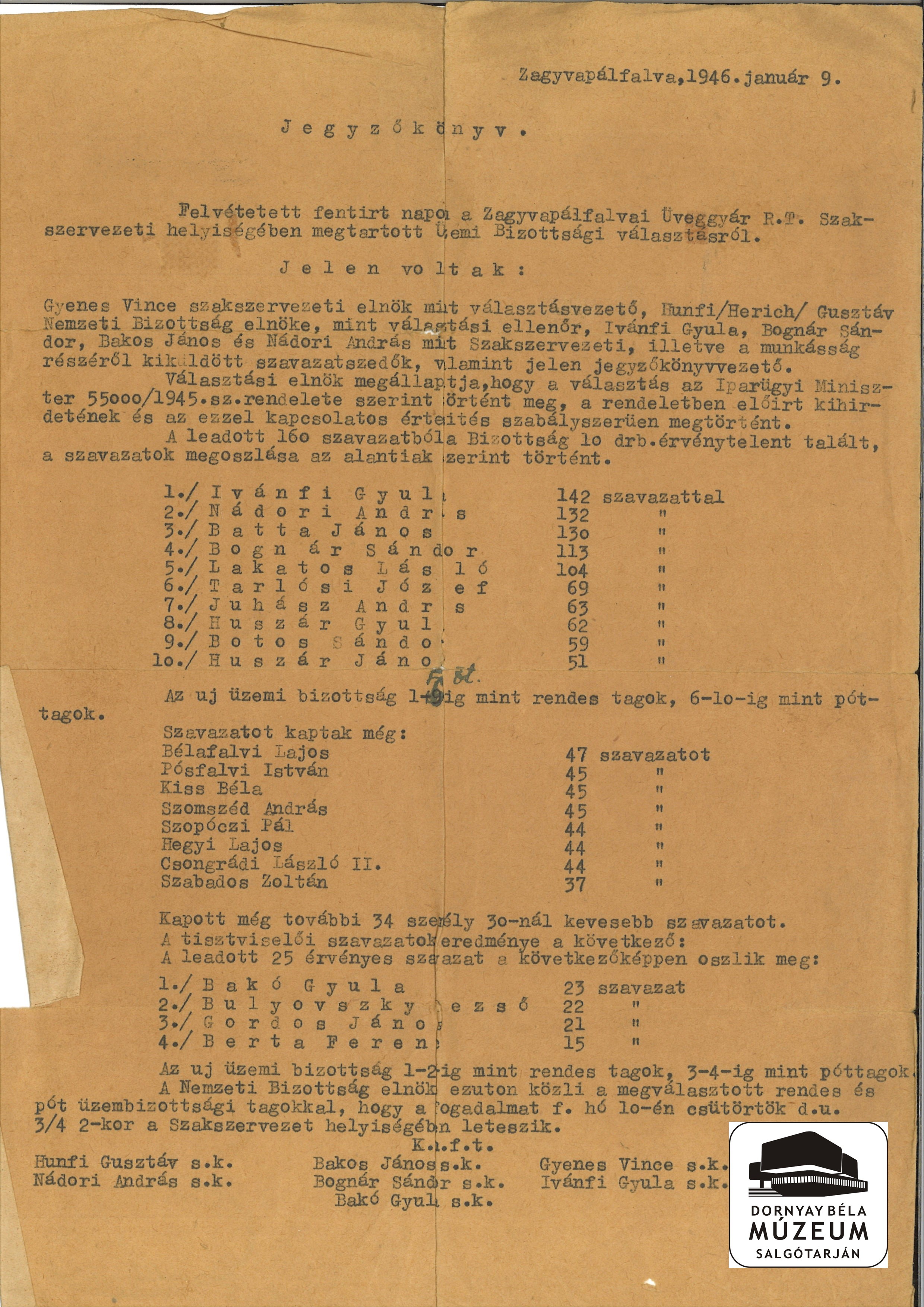 Jegyzőkönyv a Zagyvapálfalvai Üveggyár Rt. Üzemi Bizottságának választásáról (Dornyay Béla Múzeum, Salgótarján CC BY-NC-SA)