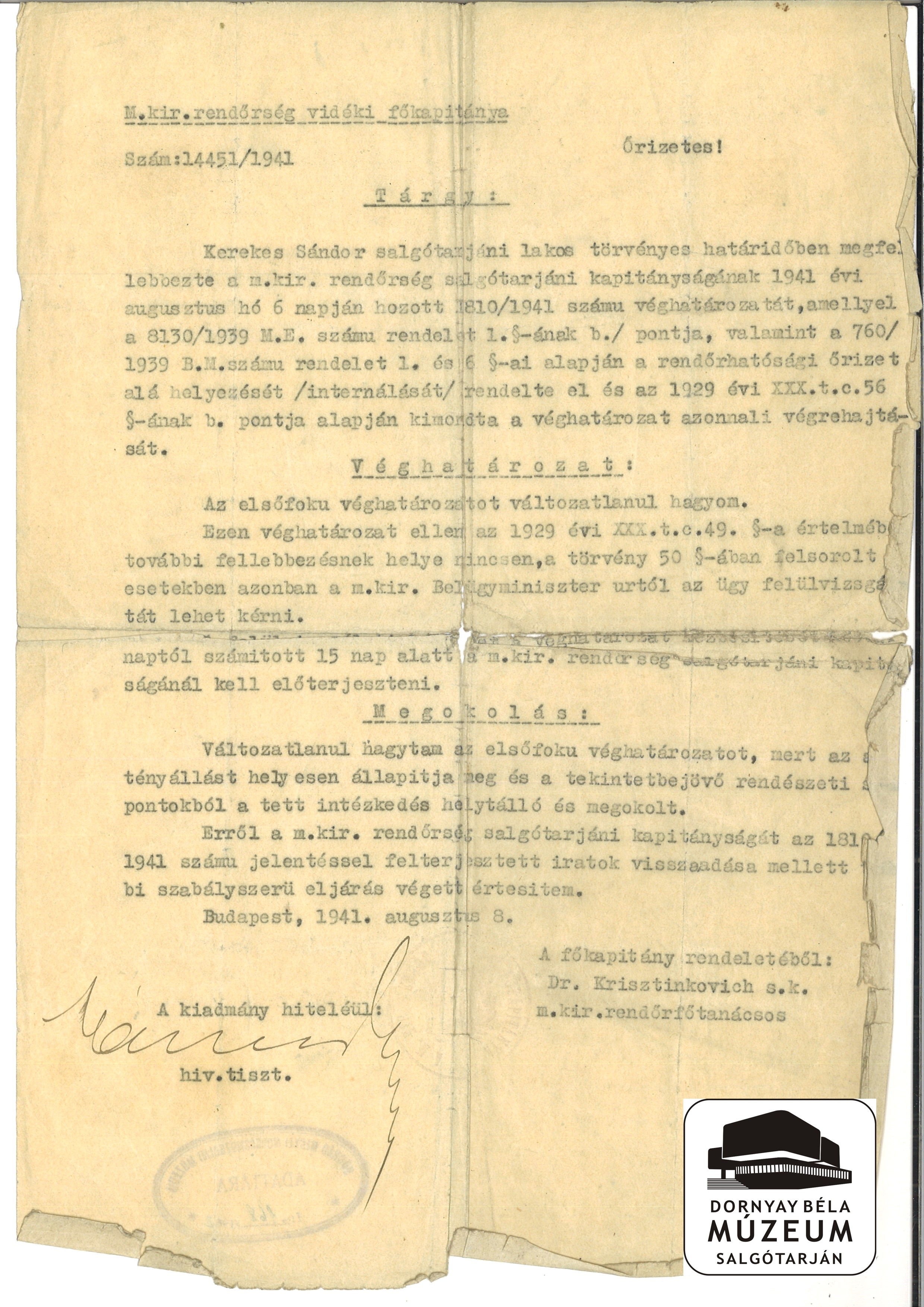 Kerekes Sándor internálási fellebbezését nem fogadták el. (Dornyay Béla Múzeum, Salgótarján CC BY-NC-SA)