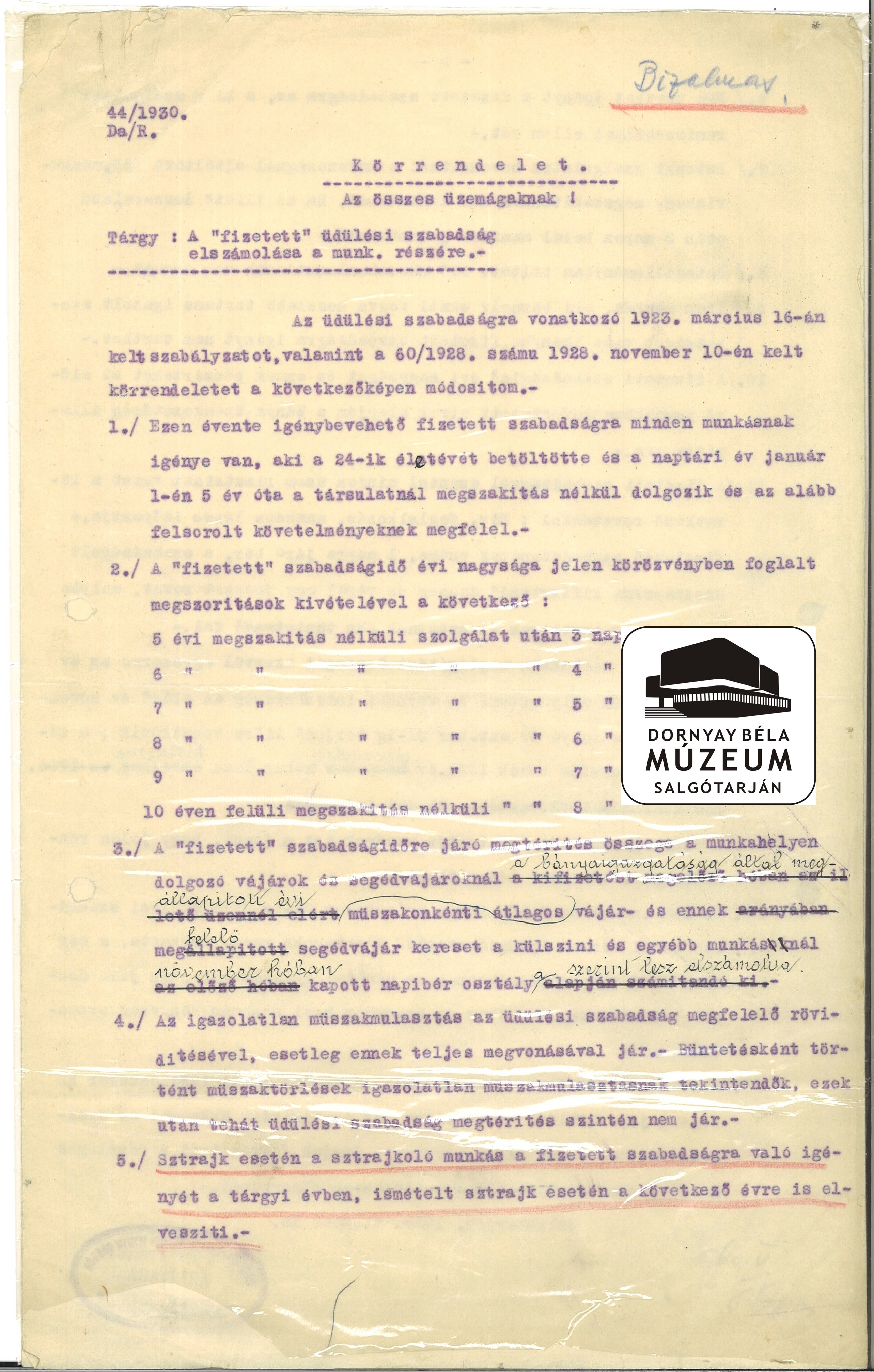 Körrendelet a "fizetett" üdülési szabályokról a bányászatban (Dornyay Béla Múzeum, Salgótarján CC BY-NC-SA)