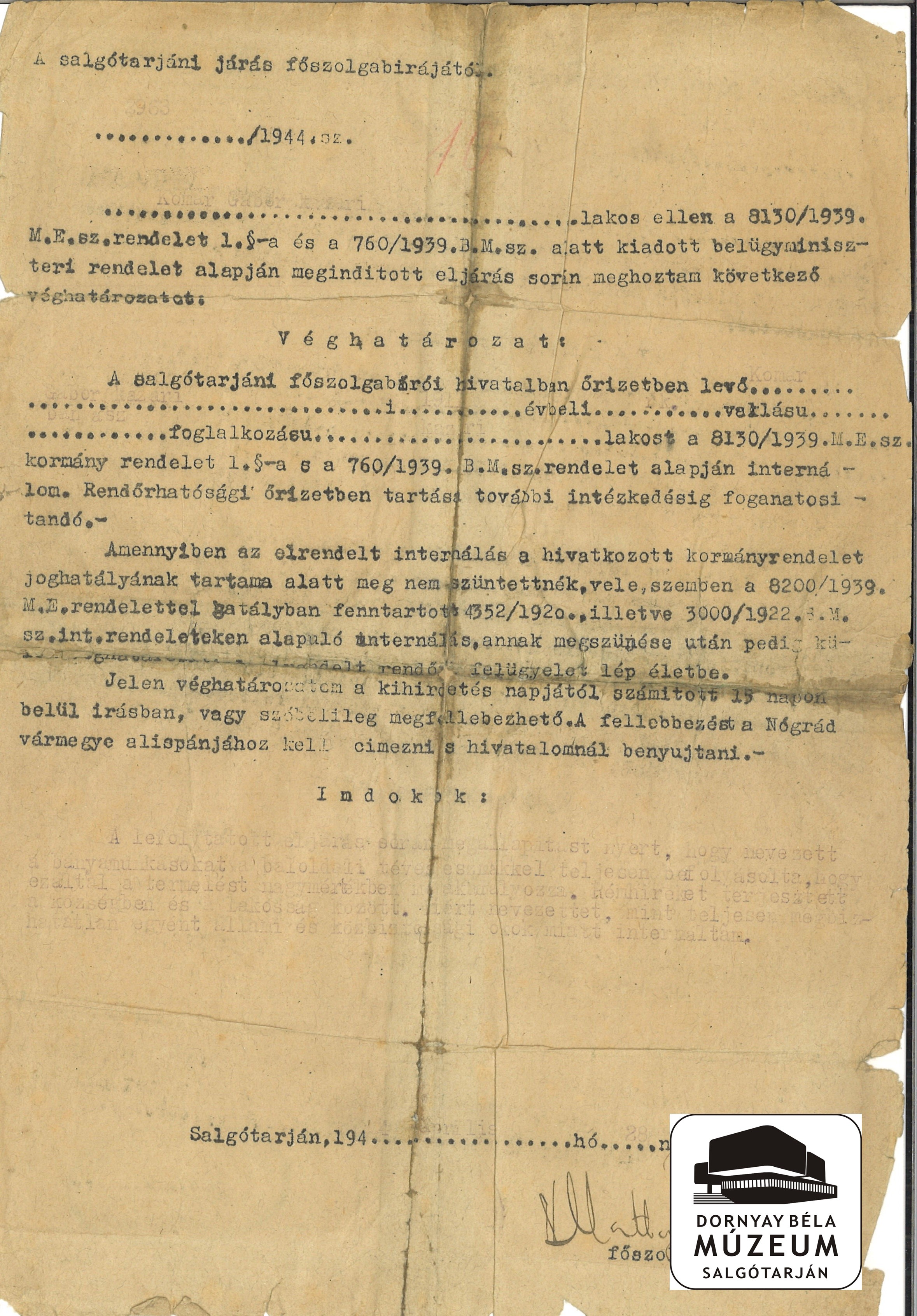 Komár Gábor kazári bányász internálása (Dornyay Béla Múzeum, Salgótarján CC BY-NC-SA)