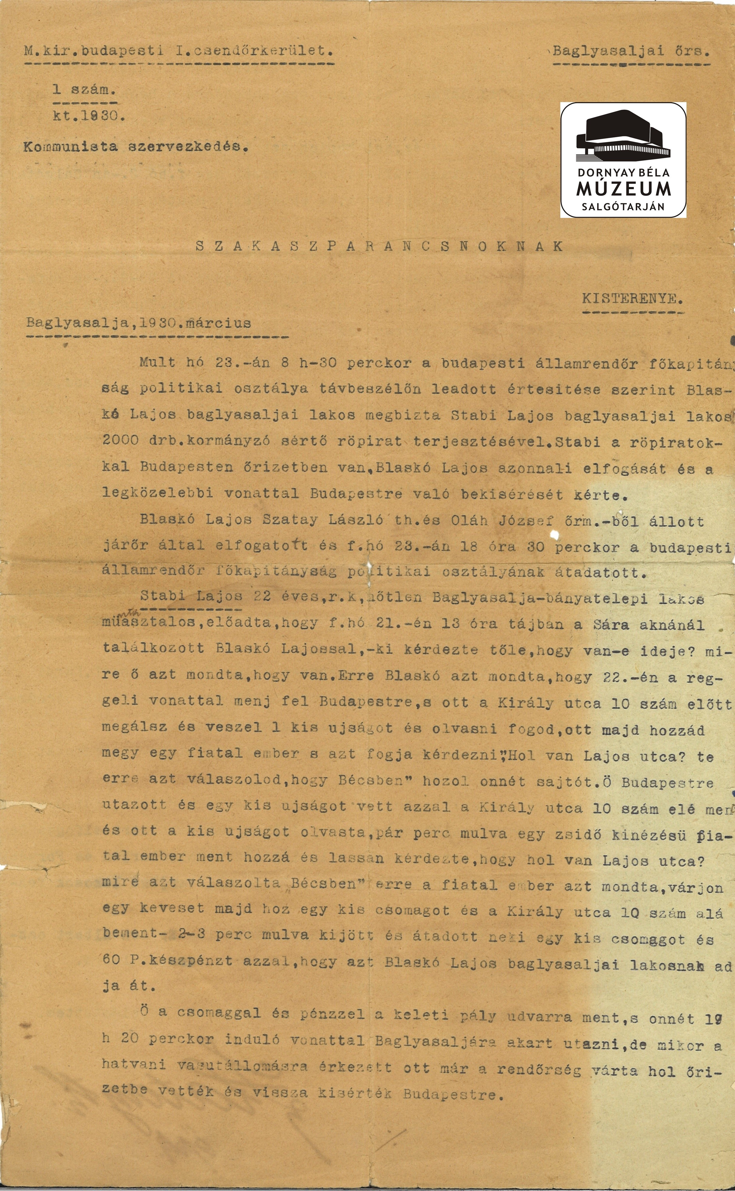 Kommunista szervezkedésről jelentés a kisterenyei csendőrszakasz parancsnokának (Dornyay Béla Múzeum, Salgótarján CC BY-NC-SA)