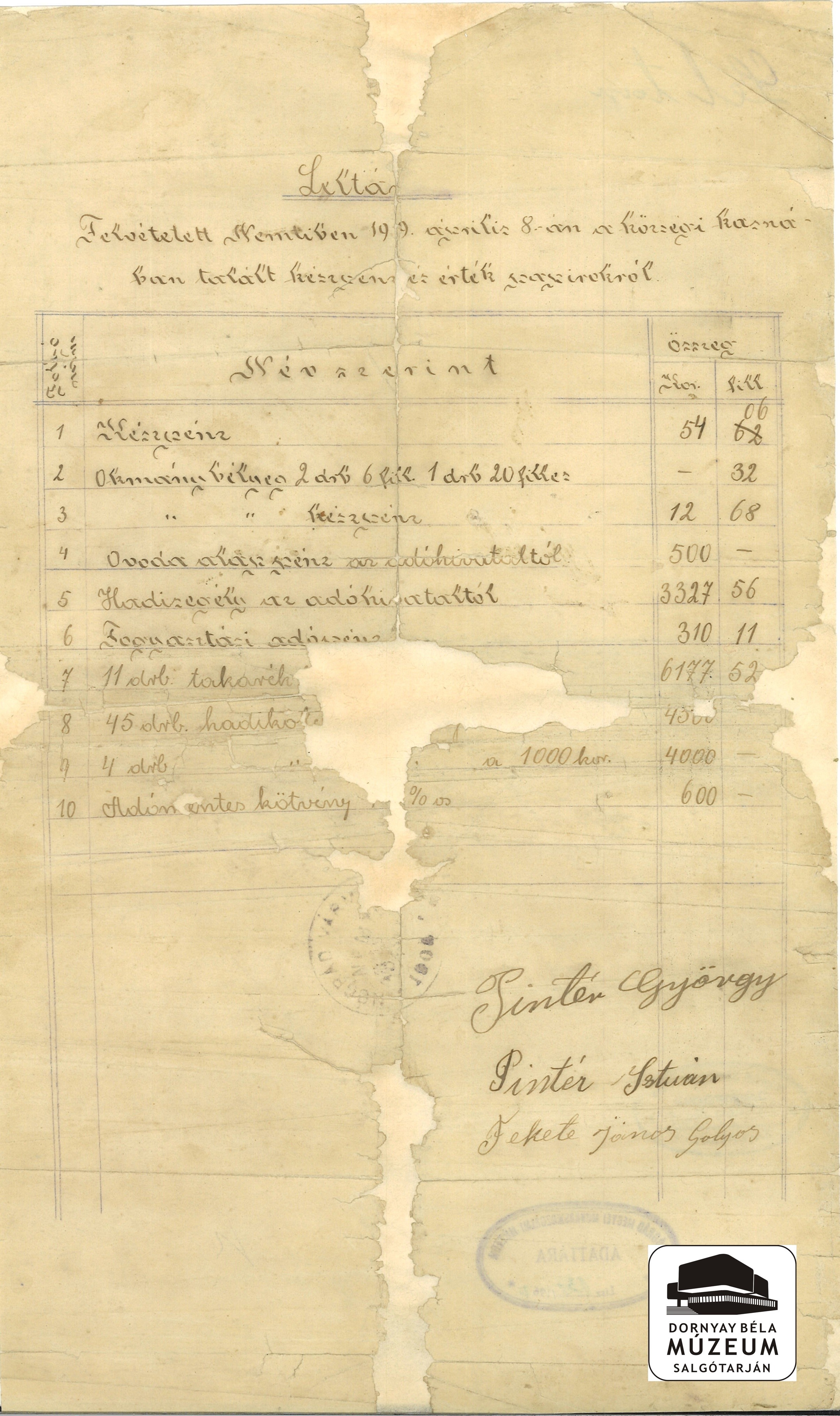 Leltár Nemtiben a községi kasszában talált készpénz és értékpapírokról (Dornyay Béla Múzeum, Salgótarján CC BY-NC-SA)