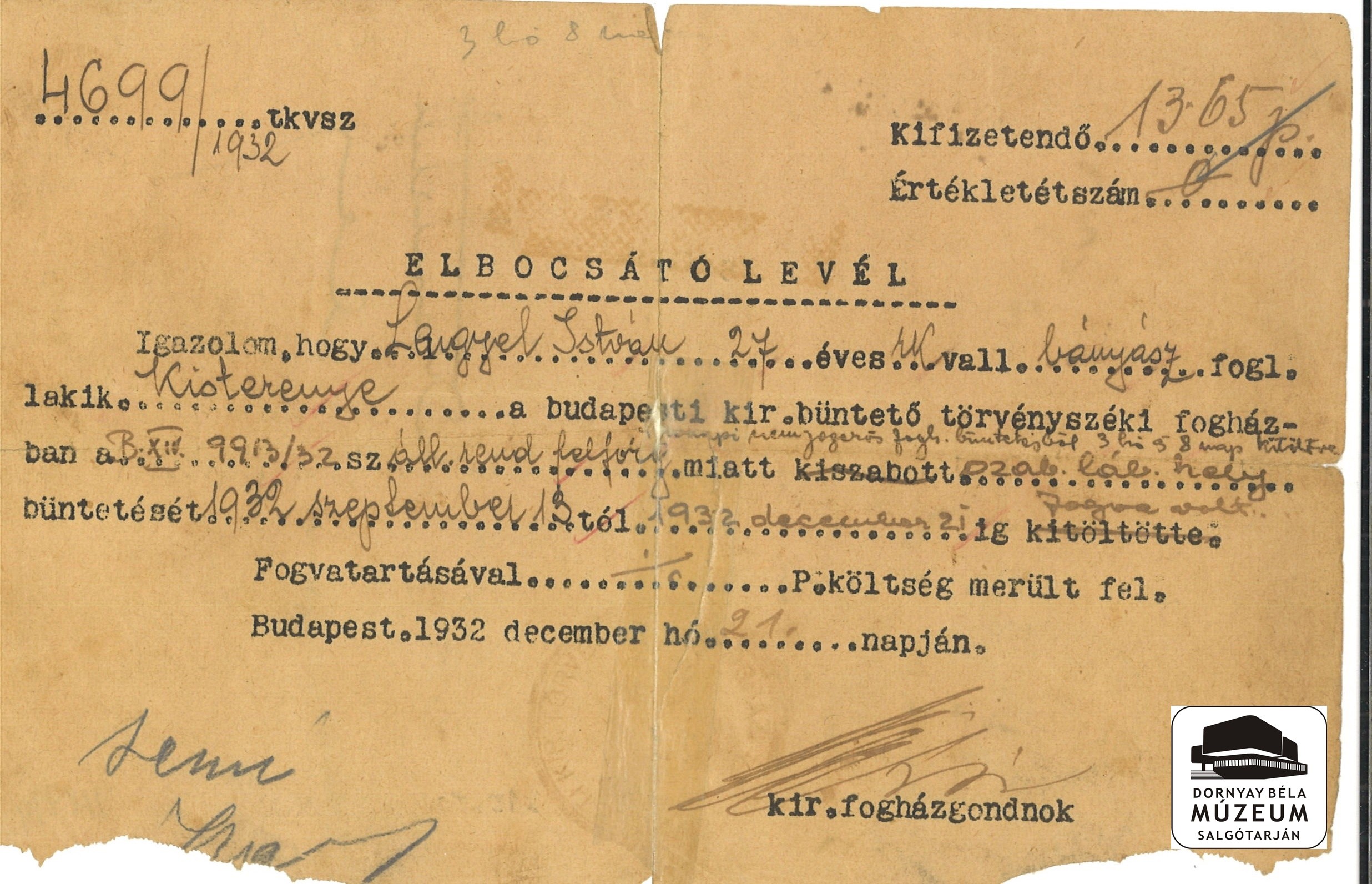 Lengyel István kisterenyei bányász elbocsátó levele a budapesti fogházból (Dornyay Béla Múzeum, Salgótarján CC BY-NC-SA)