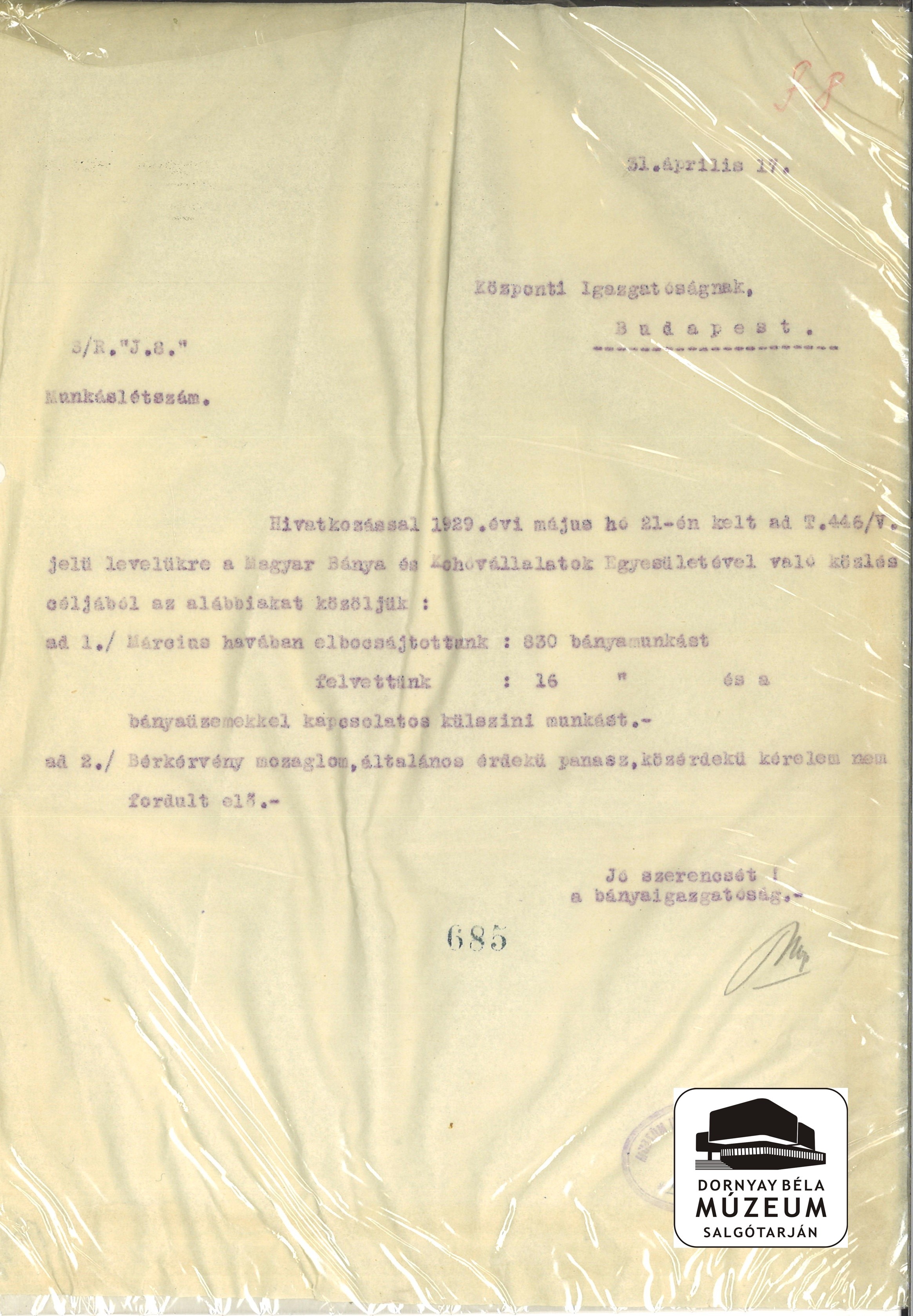 Létszámkimutatás 1931. III. hónapban az SKB Rt-nél (Dornyay Béla Múzeum, Salgótarján CC BY-NC-SA)
