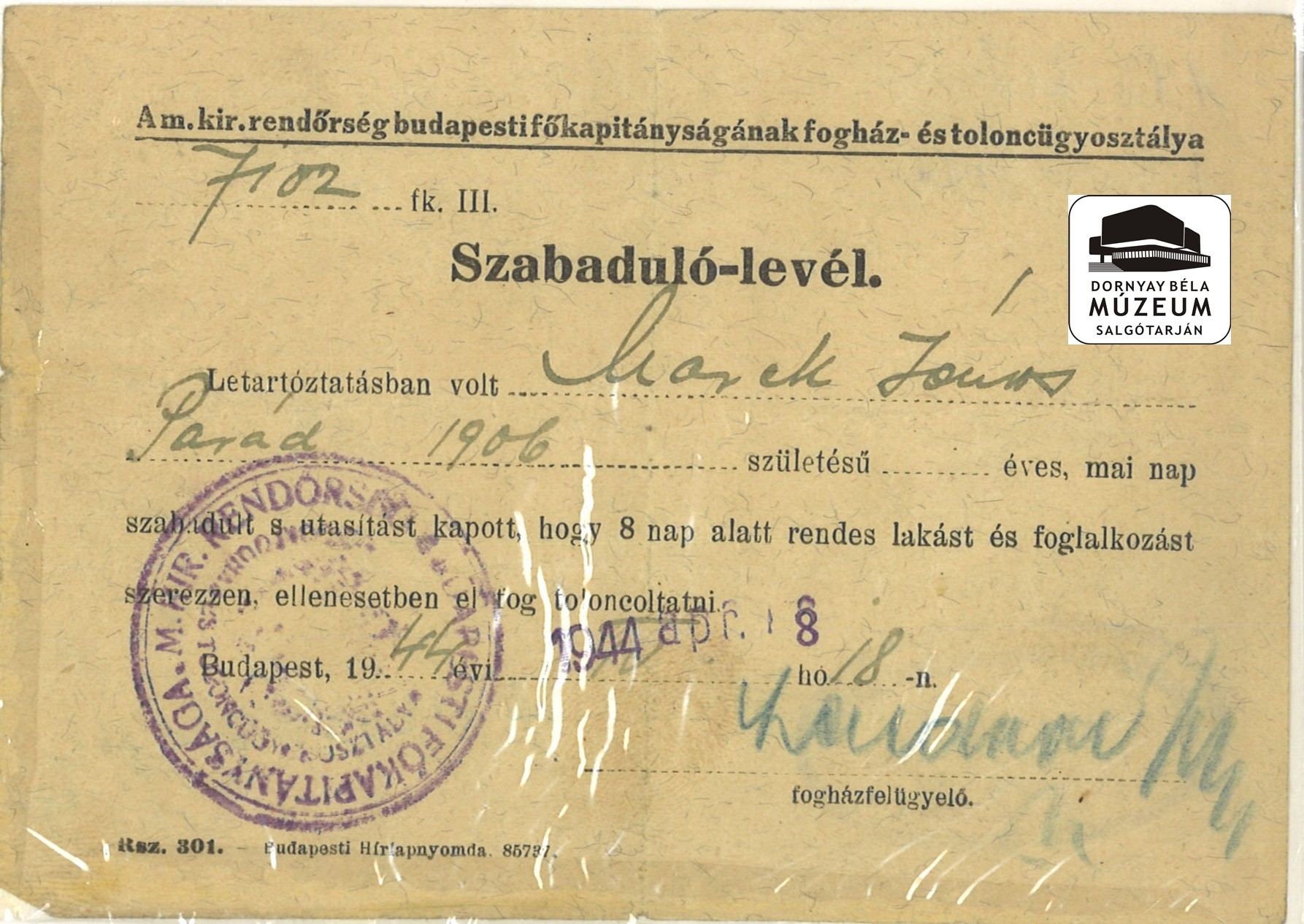 Marek János üveges levele a letartóztatásból (Dornyay Béla Múzeum, Salgótarján CC BY-NC-SA)