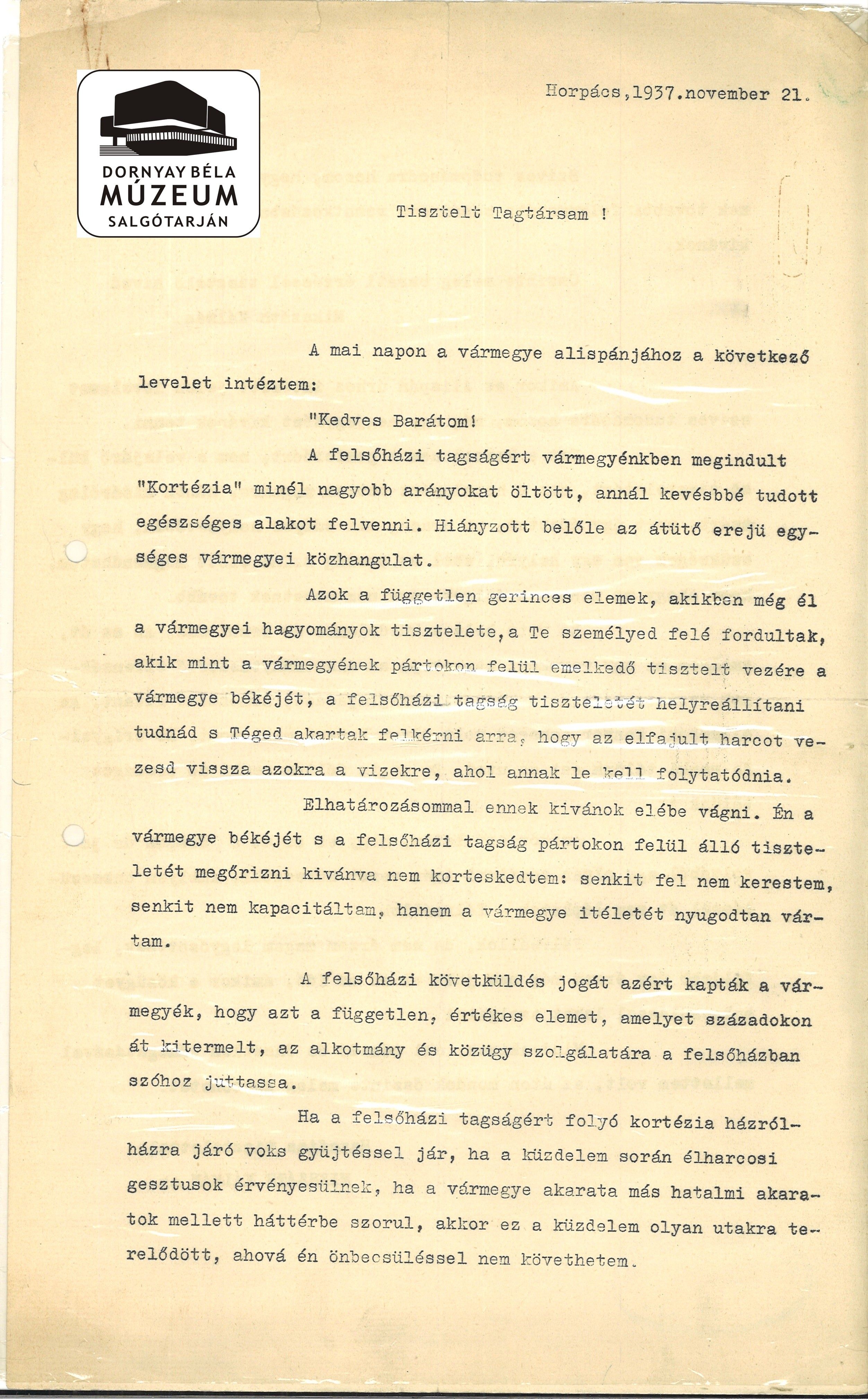 Mikszáth Kálmán levele a felsőházba való jelöléssel kapcsolatban (Dornyay Béla Múzeum, Salgótarján CC BY-NC-SA)