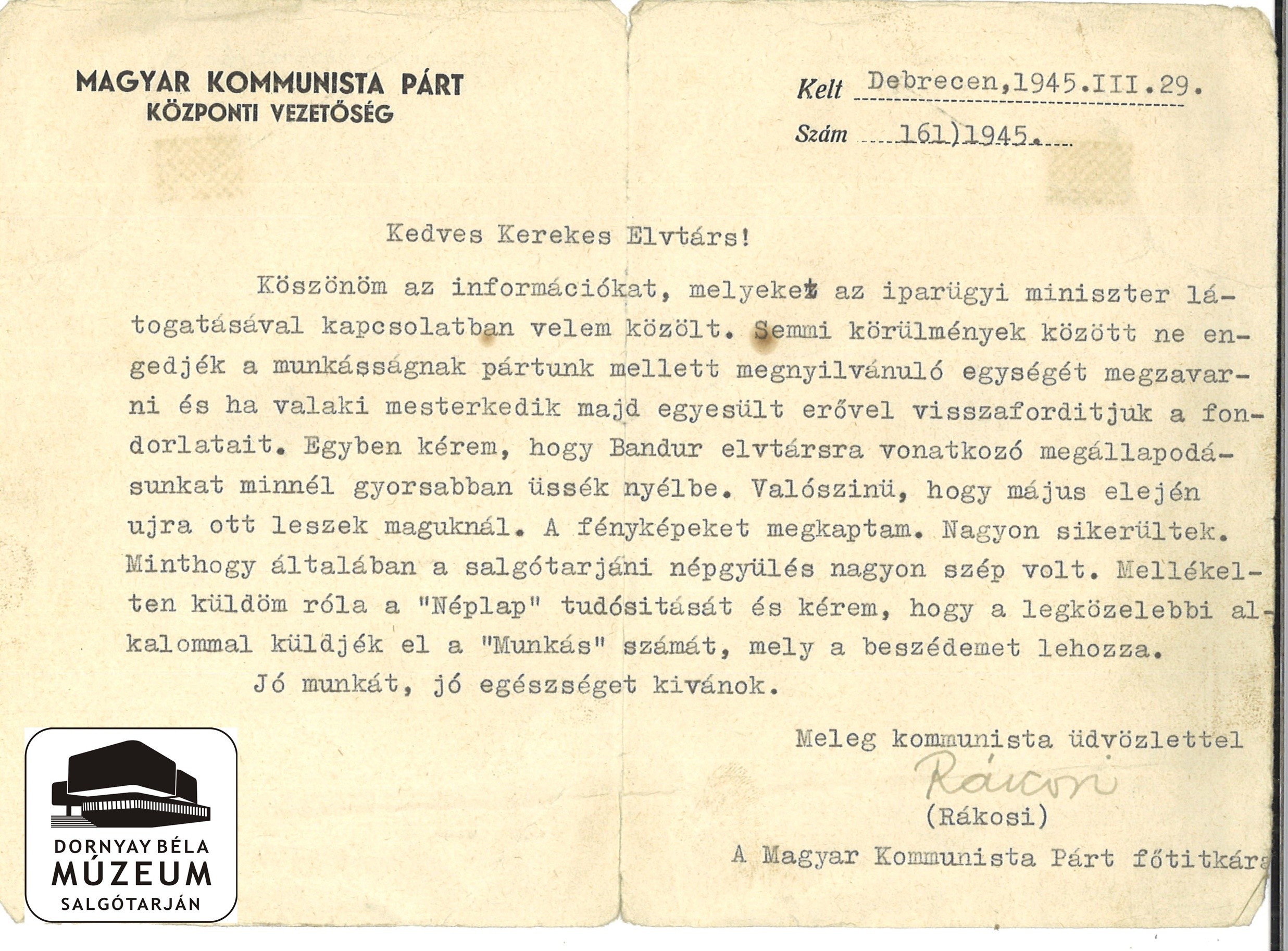 M.K.P. Közp. Vezetősége levele Kerekes elvtárs  (A párt egységének védelme) (Dornyay Béla Múzeum, Salgótarján CC BY-NC-SA)