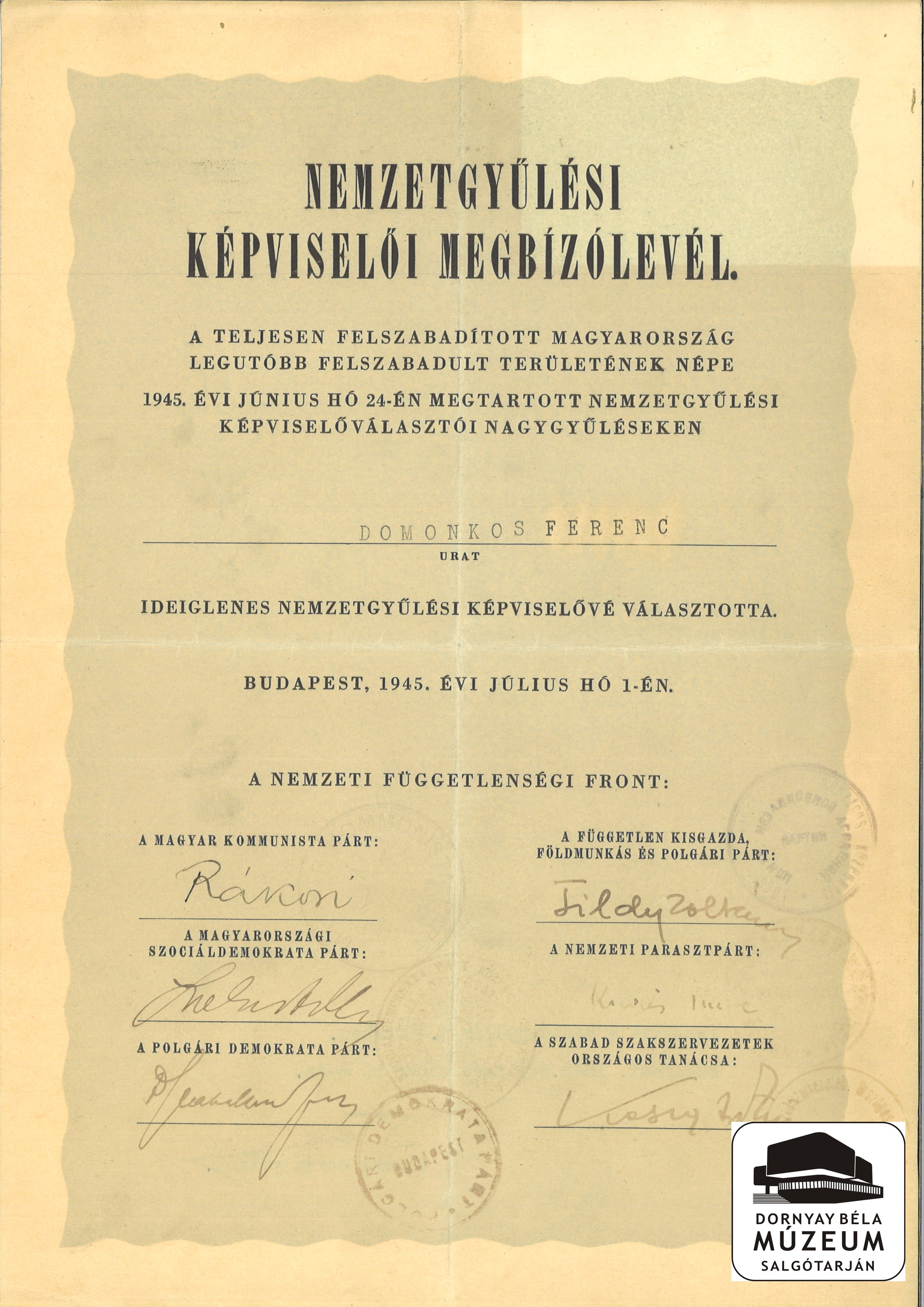 Nemzetgyűlési képviselői meghívó levél Domonkos Ferenc részére (Dornyay Béla Múzeum, Salgótarján CC BY-NC-SA)