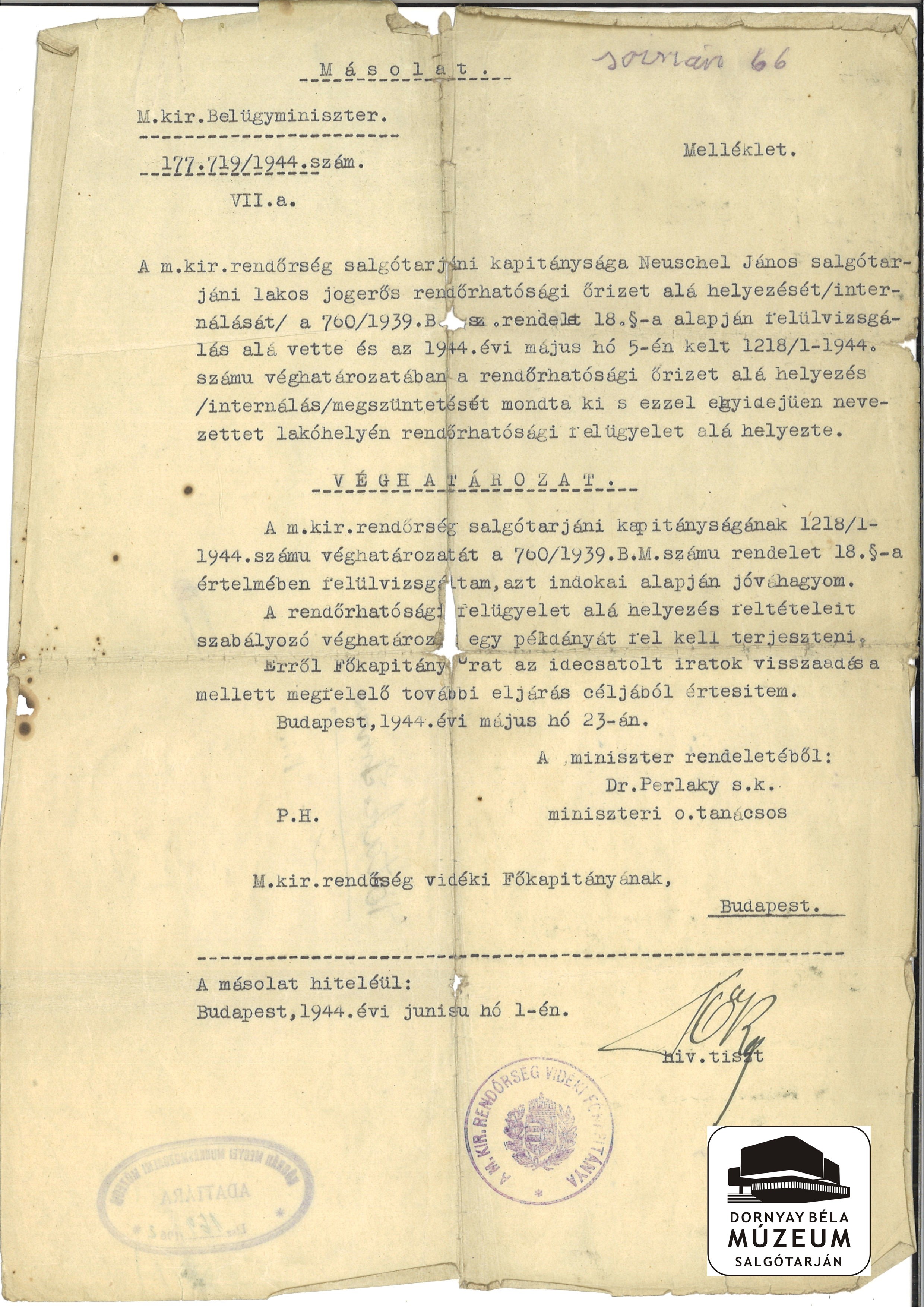 Neuschel János st-i lakos internálási fellebbezését nem fogadták el. (Dornyay Béla Múzeum, Salgótarján CC BY-NC-SA)