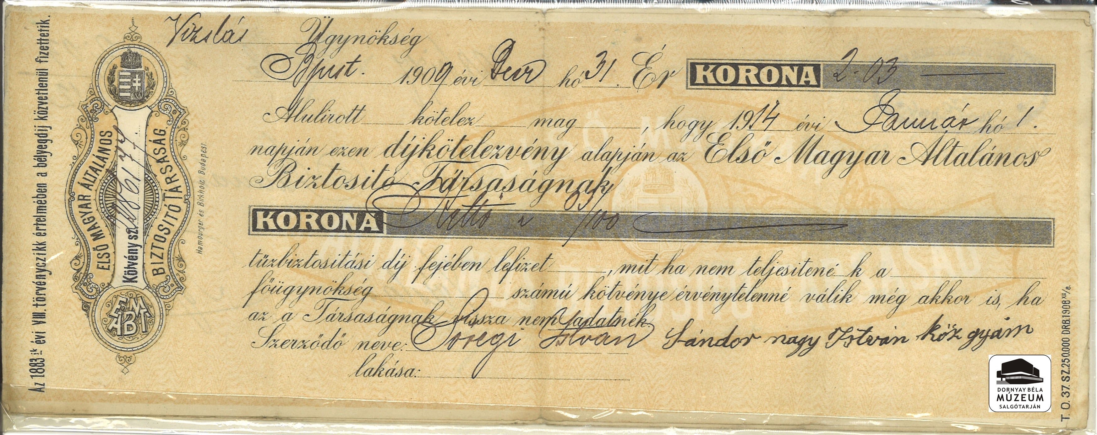 Nyugta 1907-ből Vizslásról (Dornyay Béla Múzeum, Salgótarján CC BY-NC-SA)