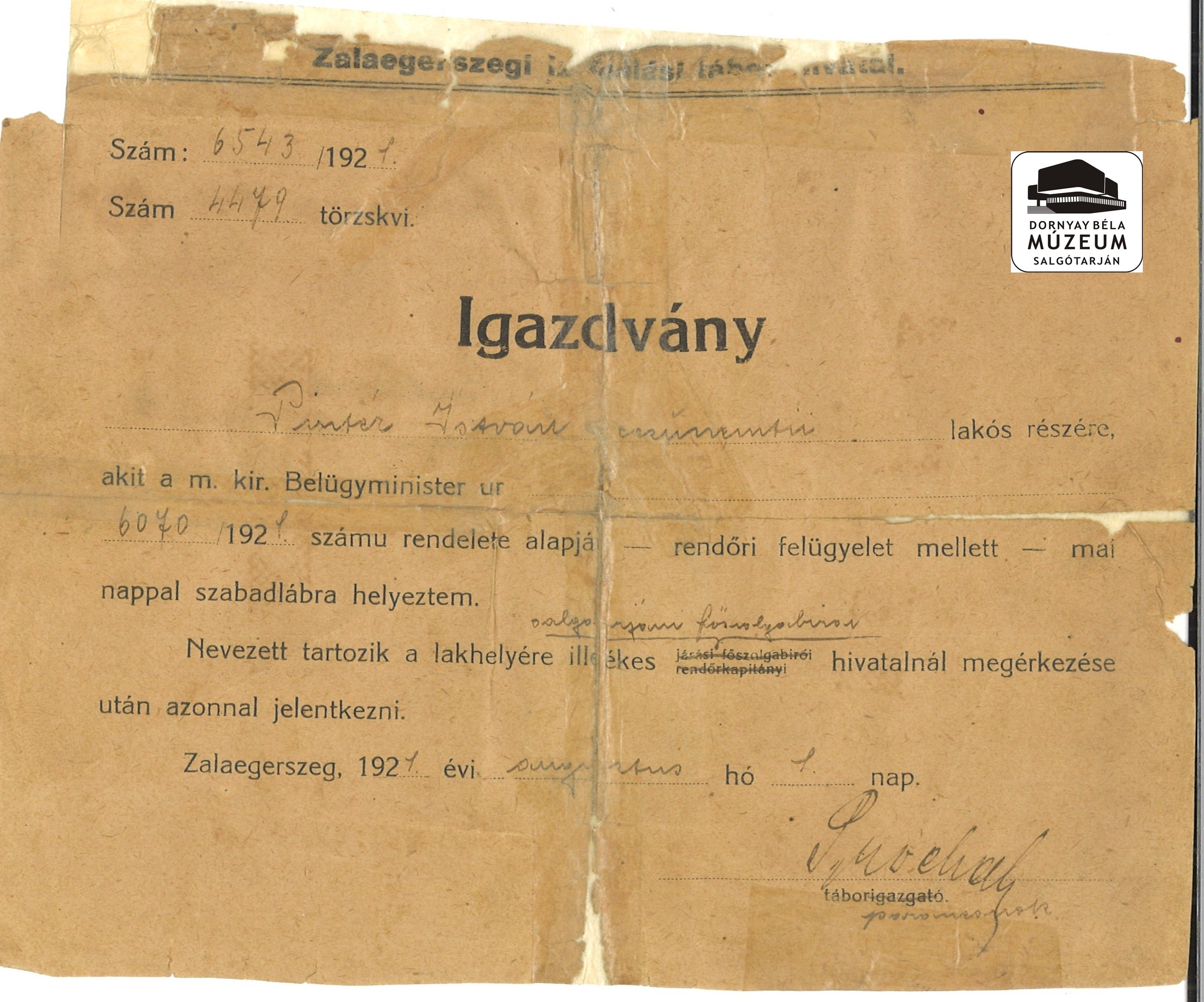Pintér Istvánt, Nemti lakost Int. táborból elbocsátották (Dornyay Béla Múzeum, Salgótarján CC BY-NC-SA)