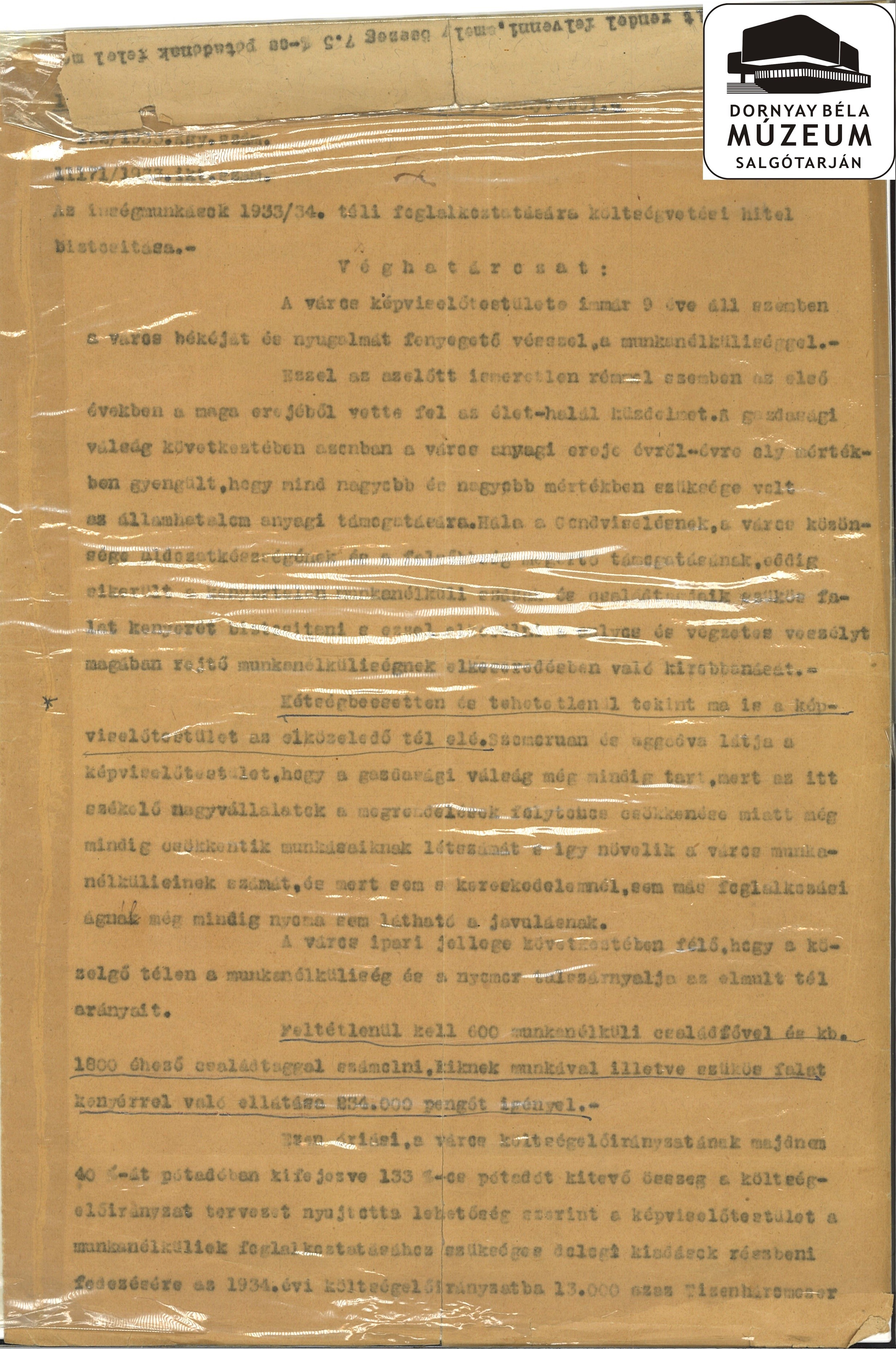 Salgótarjáni ínségmunkások 1933/34 évi foglalkoztatására költségvetési hitel biztosítása (Dornyay Béla Múzeum, Salgótarján CC BY-NC-SA)
