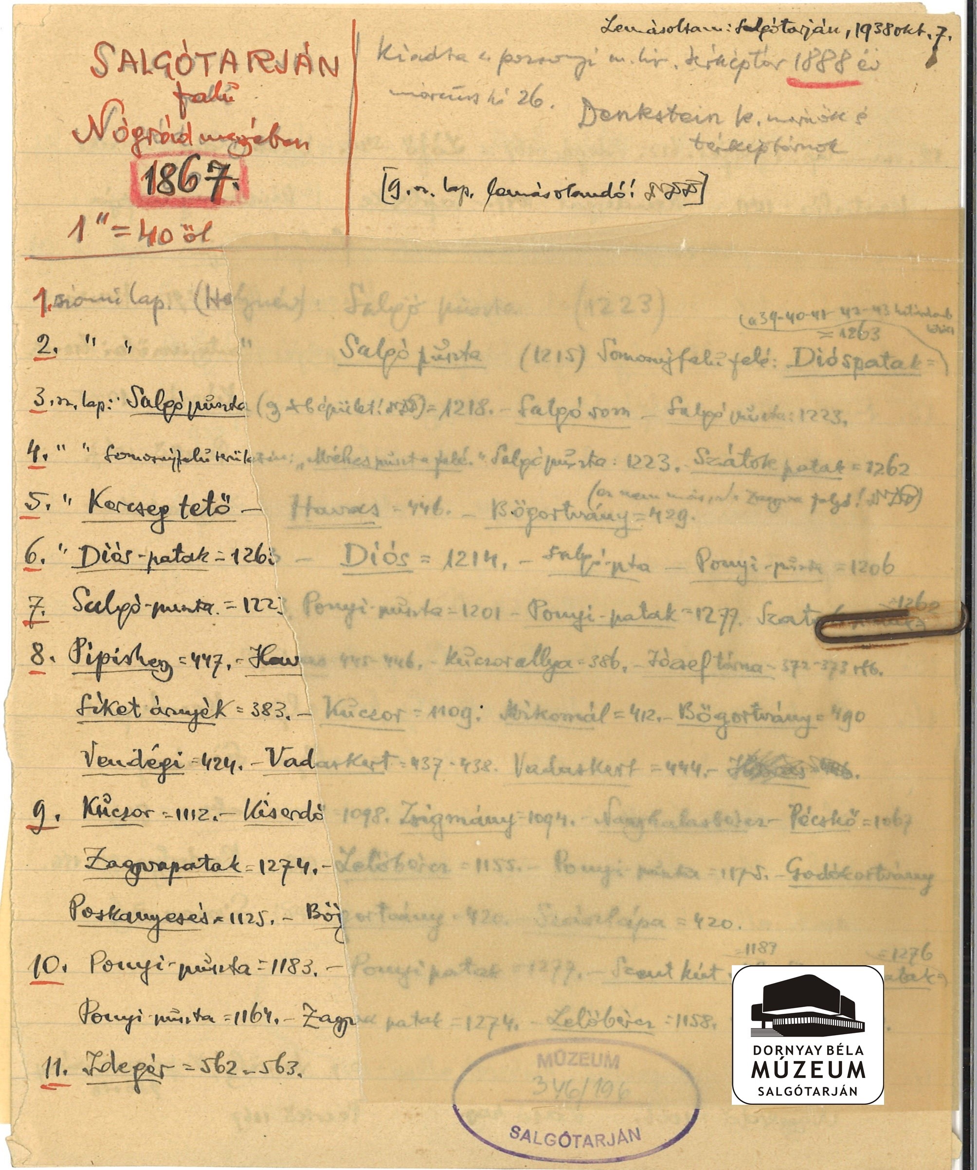 Salgótarjánra vonakozó 1867-es kataszteri adatok (Dornyay Béla Múzeum, Salgótarján CC BY-NC-SA)