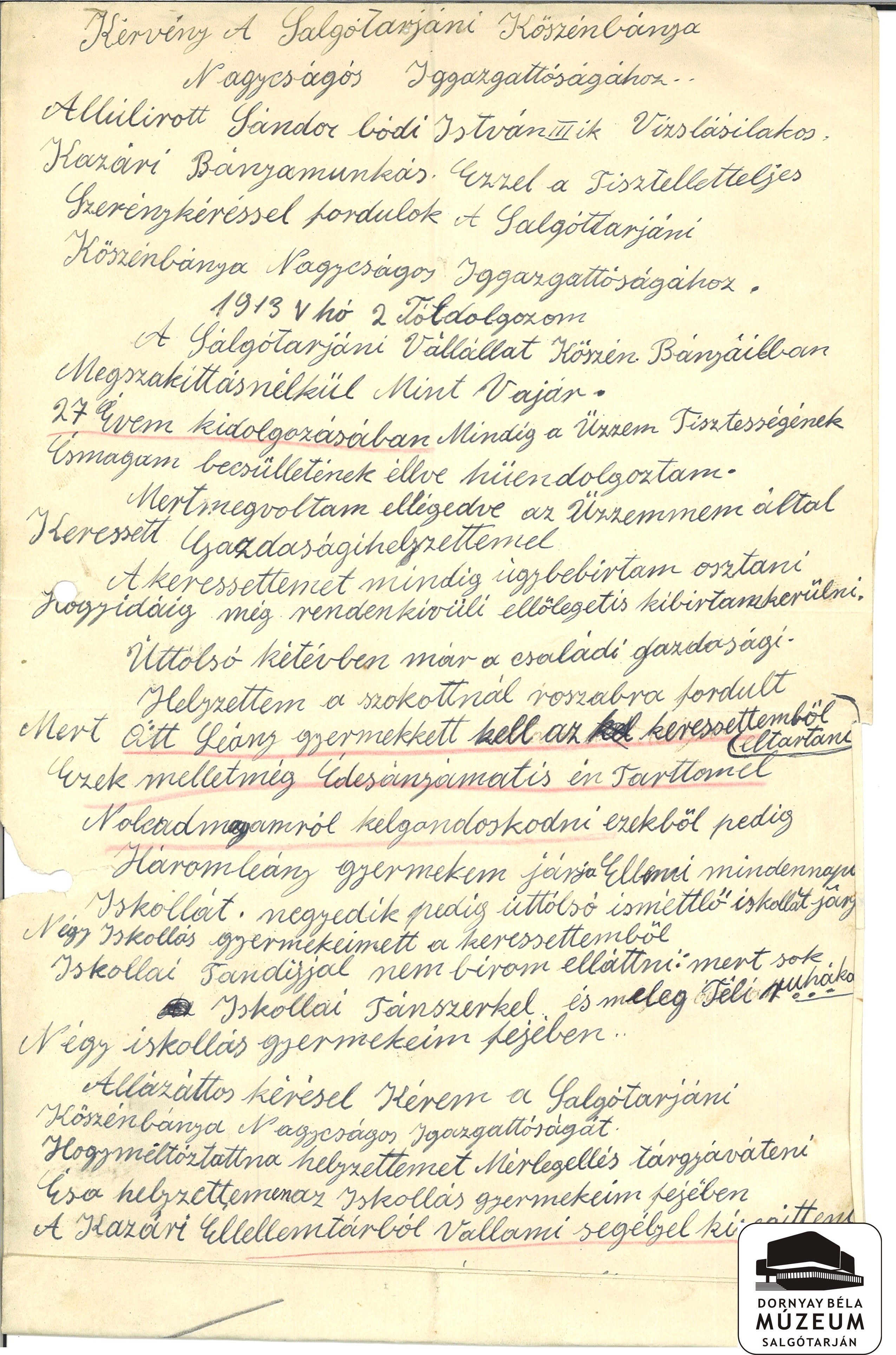 Sándor B. István segélykérése az SKB Rt-től (Dornyay Béla Múzeum, Salgótarján CC BY-NC-SA)