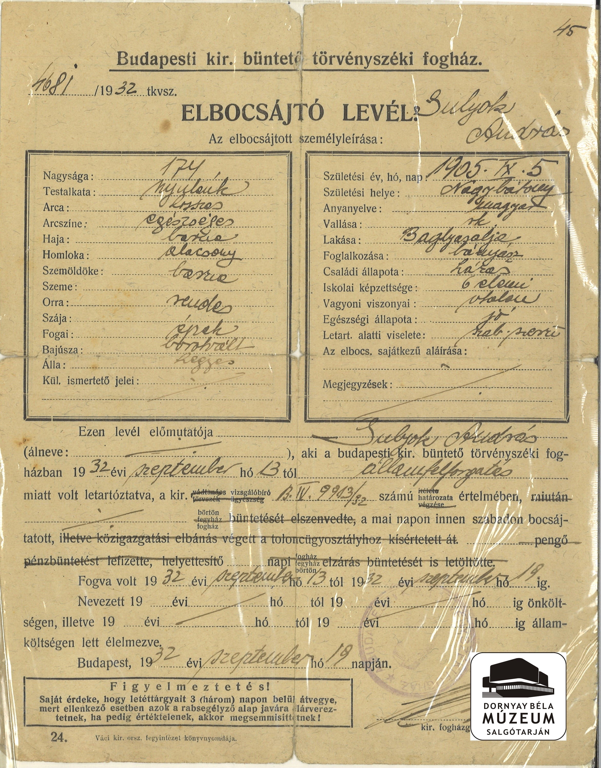Sulyok András baglyasaljai bányász elbocsátó levele fogházból (Dornyay Béla Múzeum, Salgótarján CC BY-NC-SA)