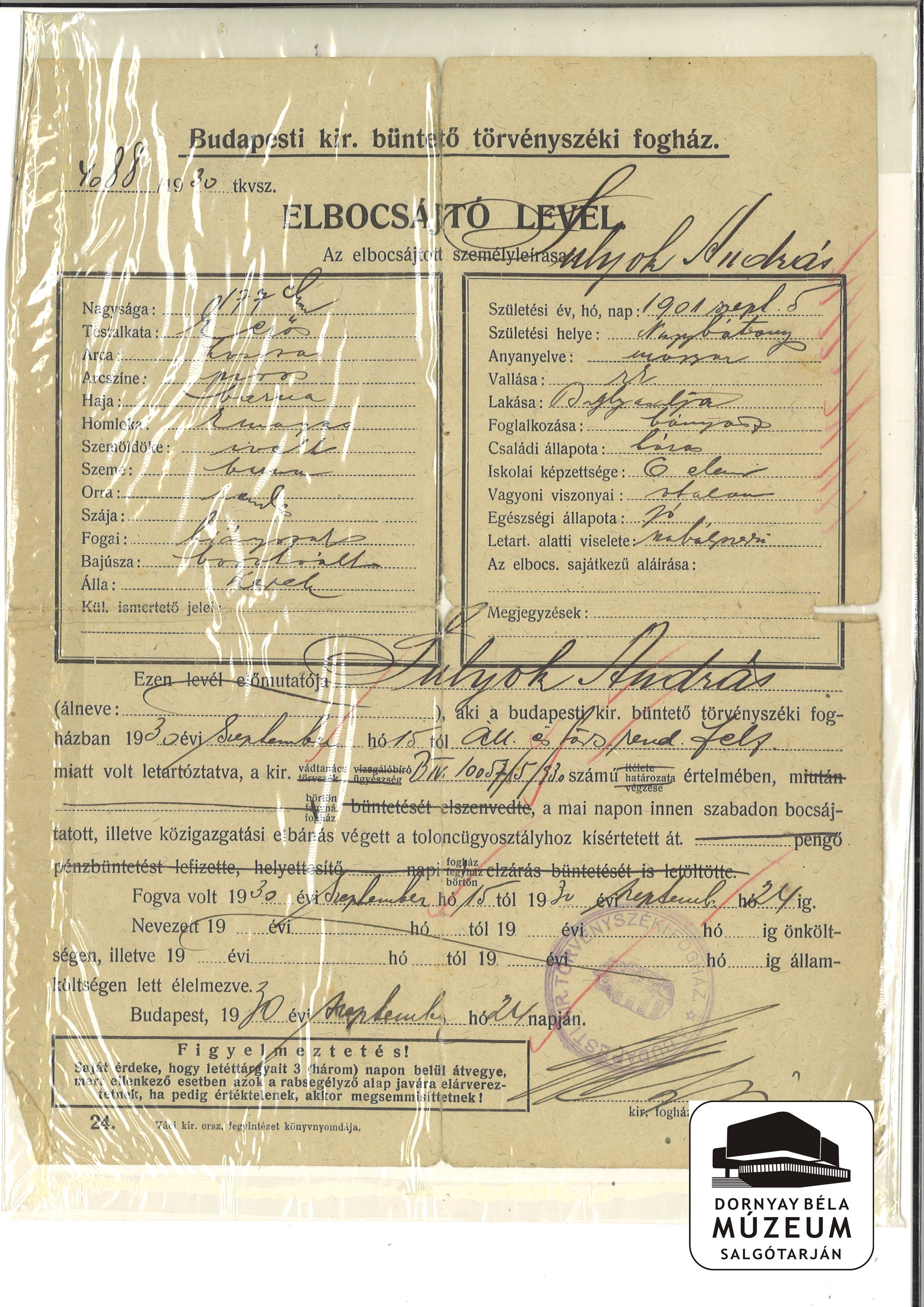Sulyok András baglyasi lakos elbocsátó levele a budapesti fogházból (Dornyay Béla Múzeum, Salgótarján CC BY-NC-SA)