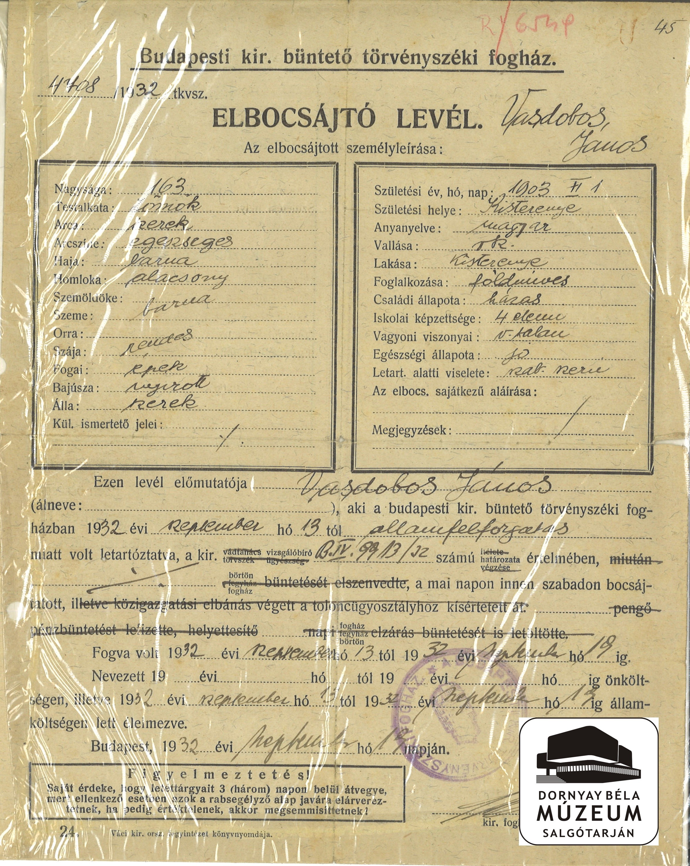 Vasdobos János kisterenyei földműves elbocsátó levele a budapesti fogházból (Dornyay Béla Múzeum, Salgótarján CC BY-NC-SA)